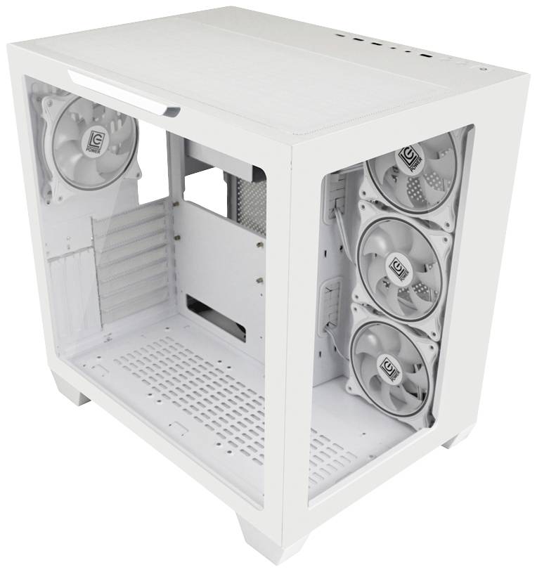 Białe obudowie komputera z przezroczystymi bocznymi panelami, ukazujące wentylatory i przestrzeń na komponenty sprzętowe.