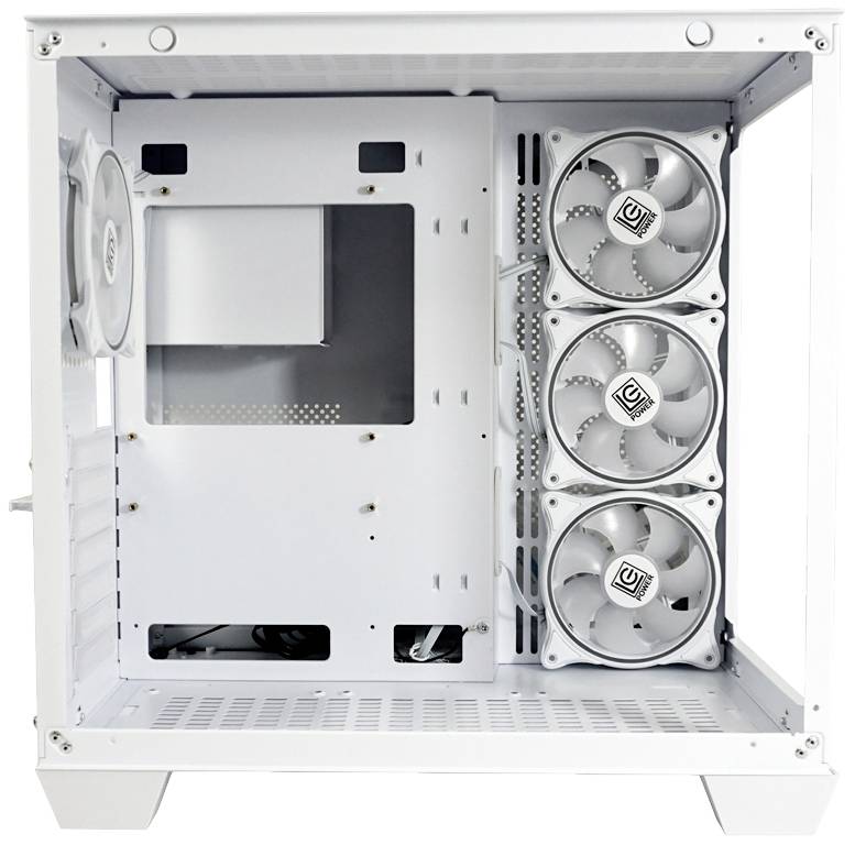 Otwarta biała obudowa komputera ukazuje trzy wentylatory po prawej stronie oraz miejsce na komponenty w środku.
