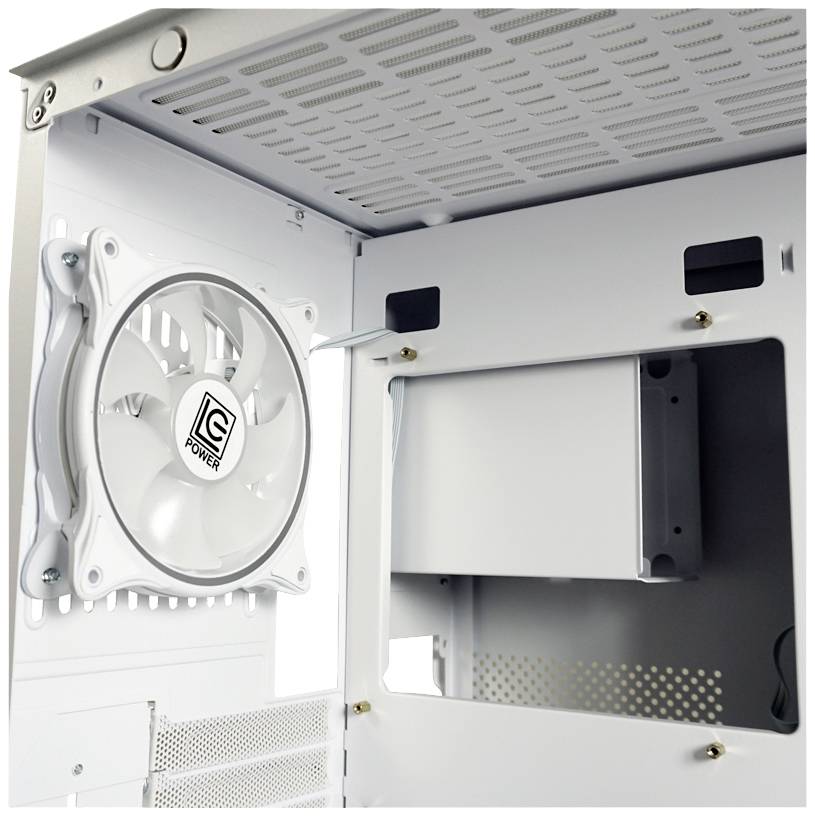 Białe wnętrze obudowy komputera z zamontowanym wentylatorem po lewej stronie i miejscem na dodatkowe komponenty po prawej stronie, odpowiednie do konstruowania systemów technicznych.