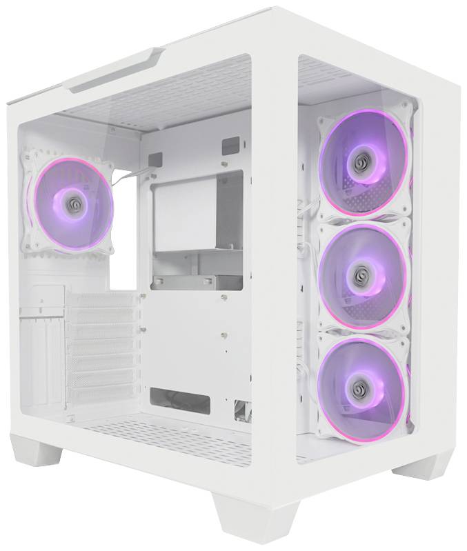 Białe obudowa komputera z przezroczystymi bokami prezentuje cztery świecące, fioletowo podświetlane wentylatory zamontowane we wnętrzu.