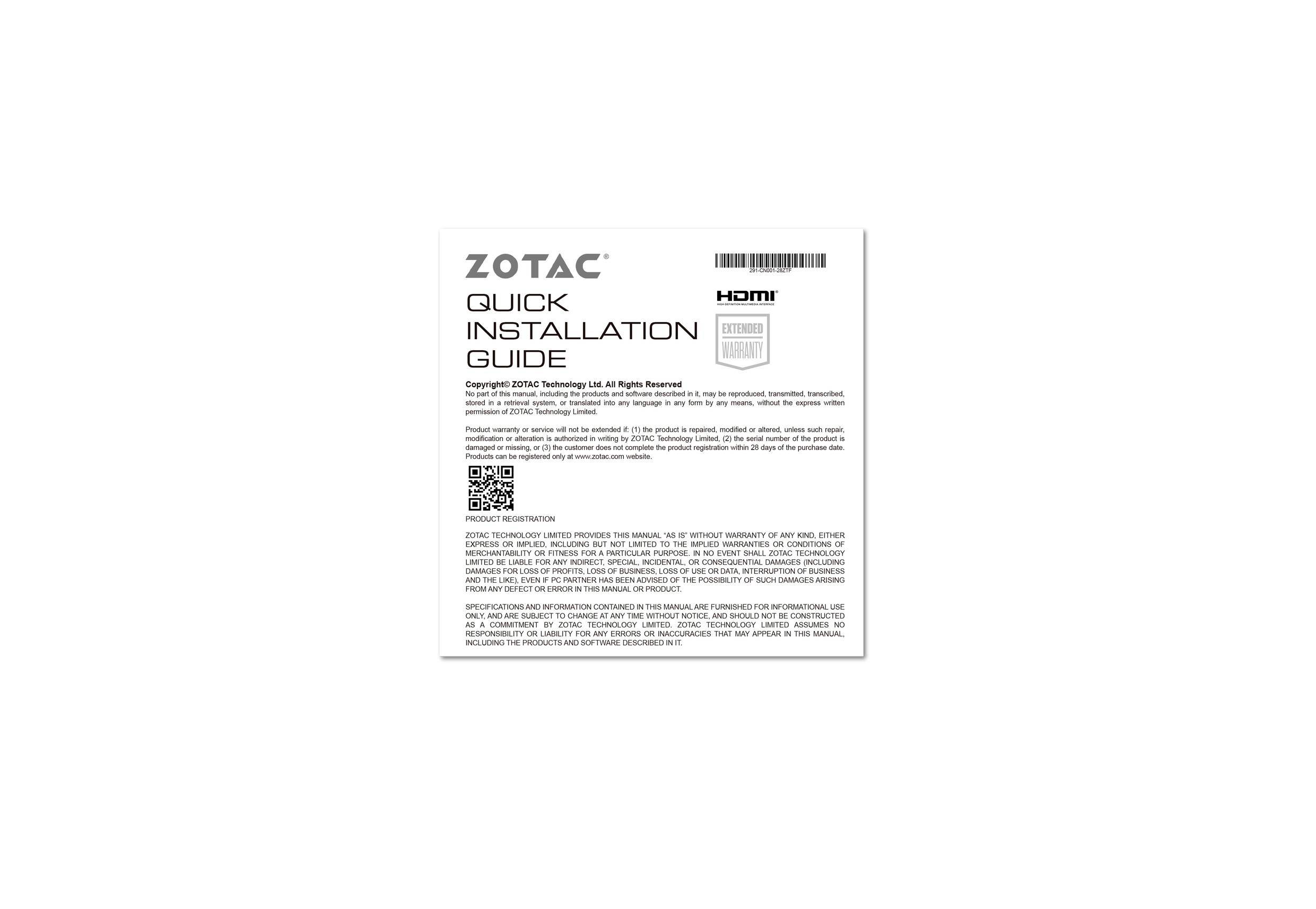 Skrócona instrukcja instalacji karty graficznej Zotac z kodem QR i logo HDMI. Obejmuje podstawowe kroki konfiguracji.