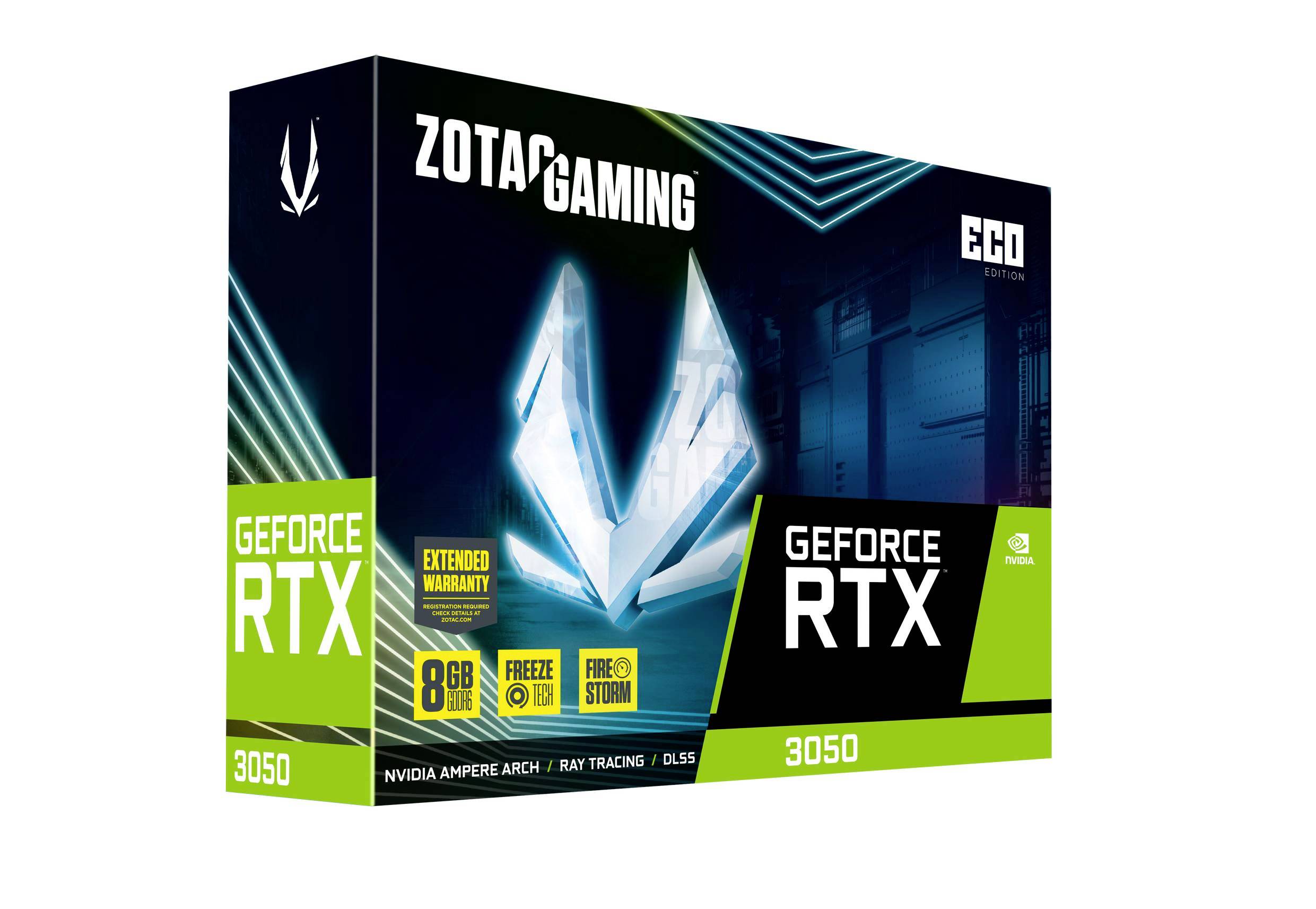 Opakowanie karty graficznej Zotac Gaming GeForce RTX 3050 prezentuje logo oraz specyfikacje techniczne, w tym 8 GB pamięci i wersję ECO.