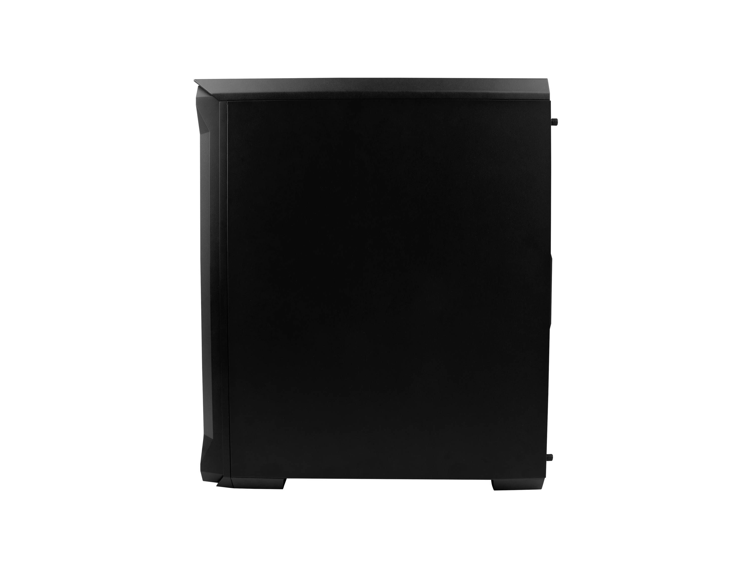 Czarna obudowa komputera o minimalistycznym designie i gładkich powierzchniach.