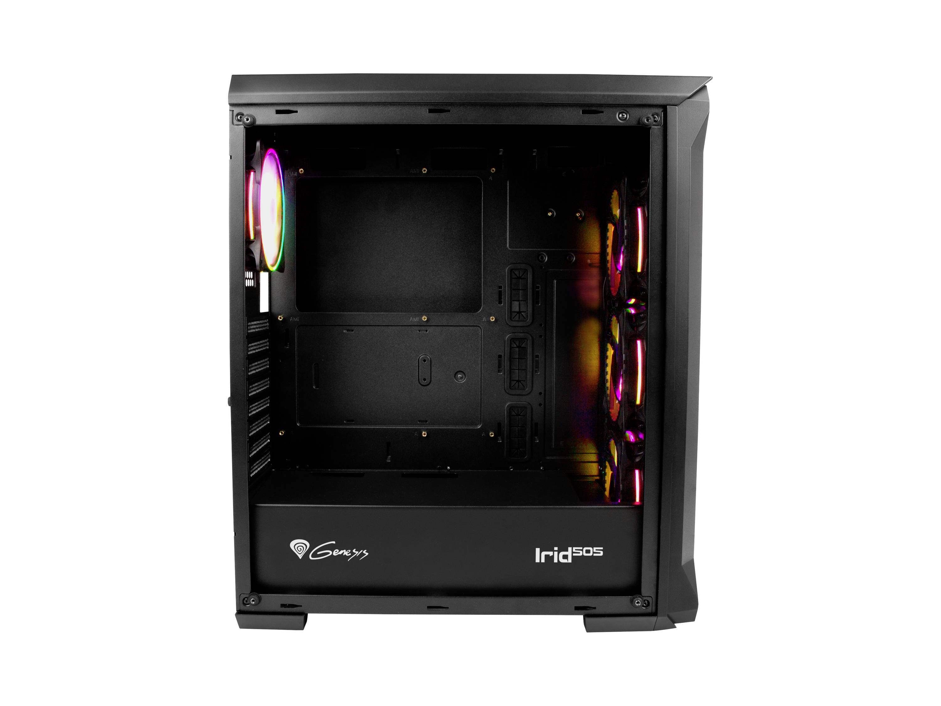 Czarna obudowa komputerowa z wieloma kolorowymi wentylatorami LED wewnątrz, przedstawiona bez zamontowanego komputera.