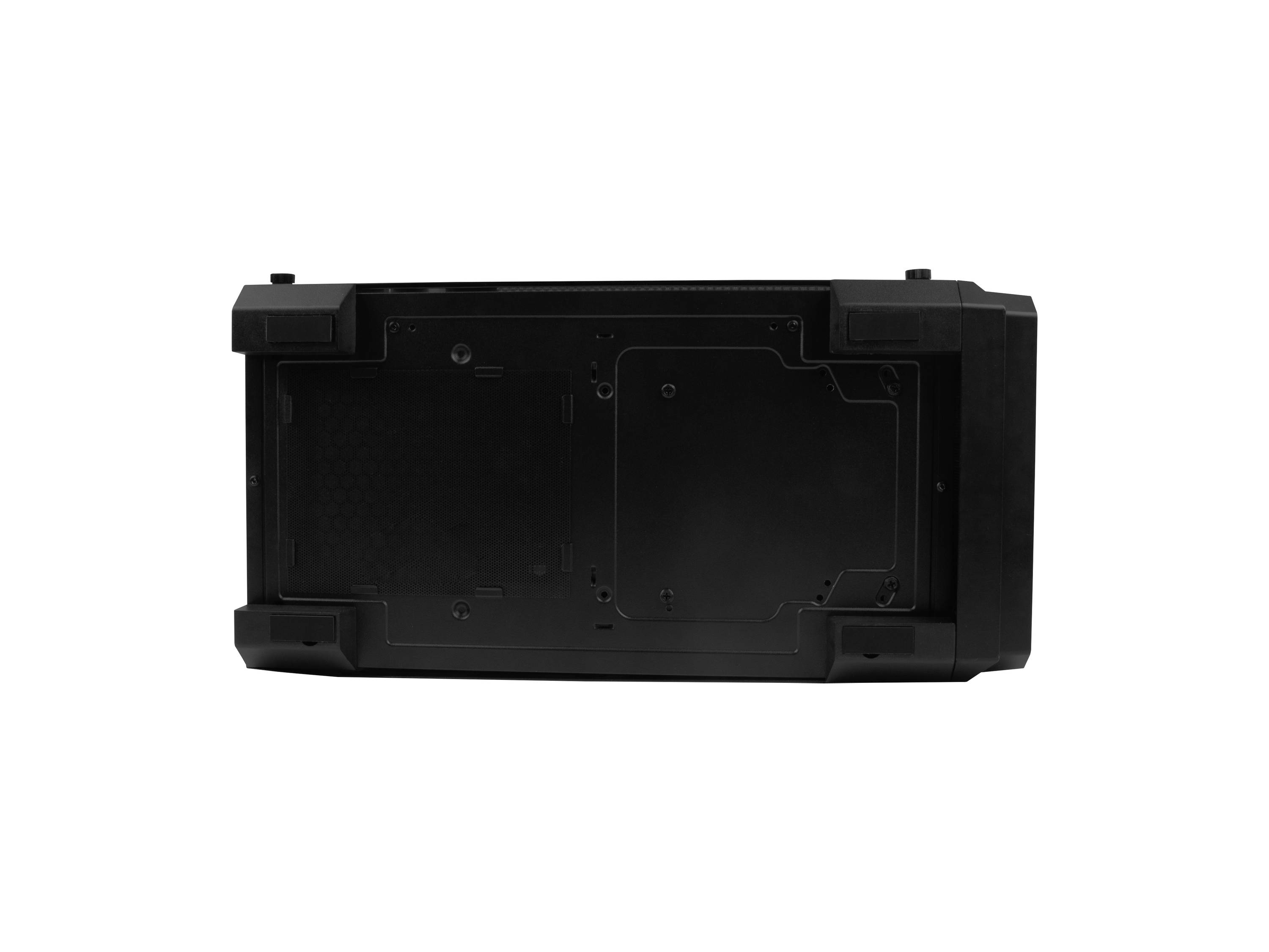 Czarny, prostokątny przyrząd elektroniczny z zaokrąglonymi krawędziami i wieloma portami przyłączeniowymi na spodzie.