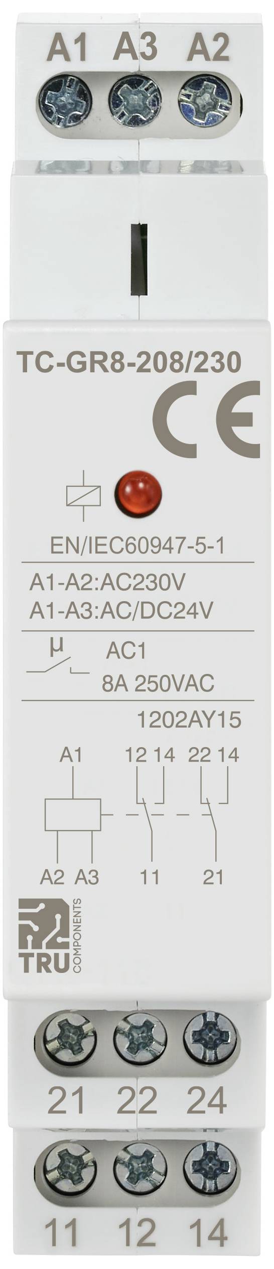 Допоміжний вимикач TRU COMPONENTS TC-GR8-208/230 TC-11988848, 24 В/змінного струму, 24 В/постійного струму, 230 В/змінного струму,