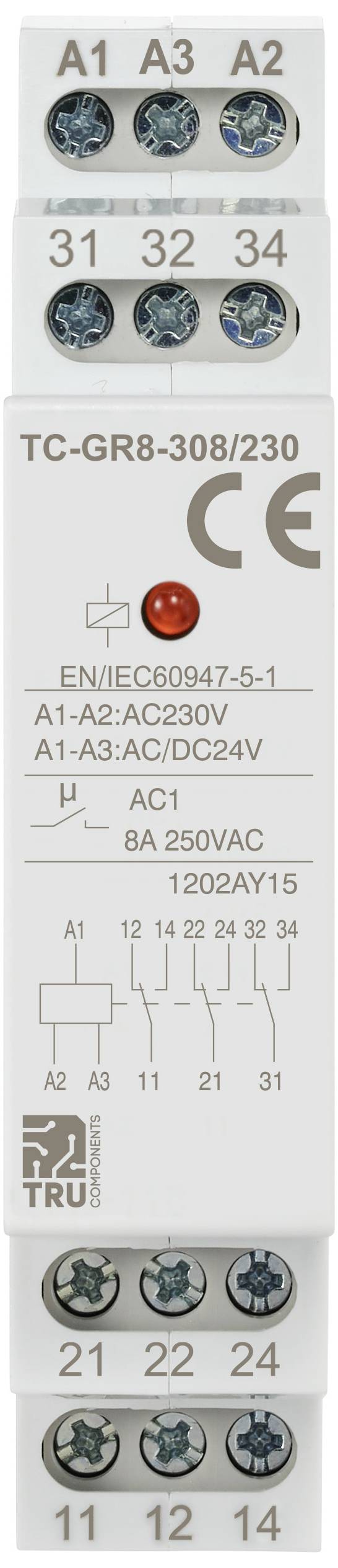 Допоміжний вимикач TRU COMPONENTS TC-GR8-308/230 TC-11988852, 24 В/змінного струму, 24 В/постійного струму, 230 В/змінного струму,