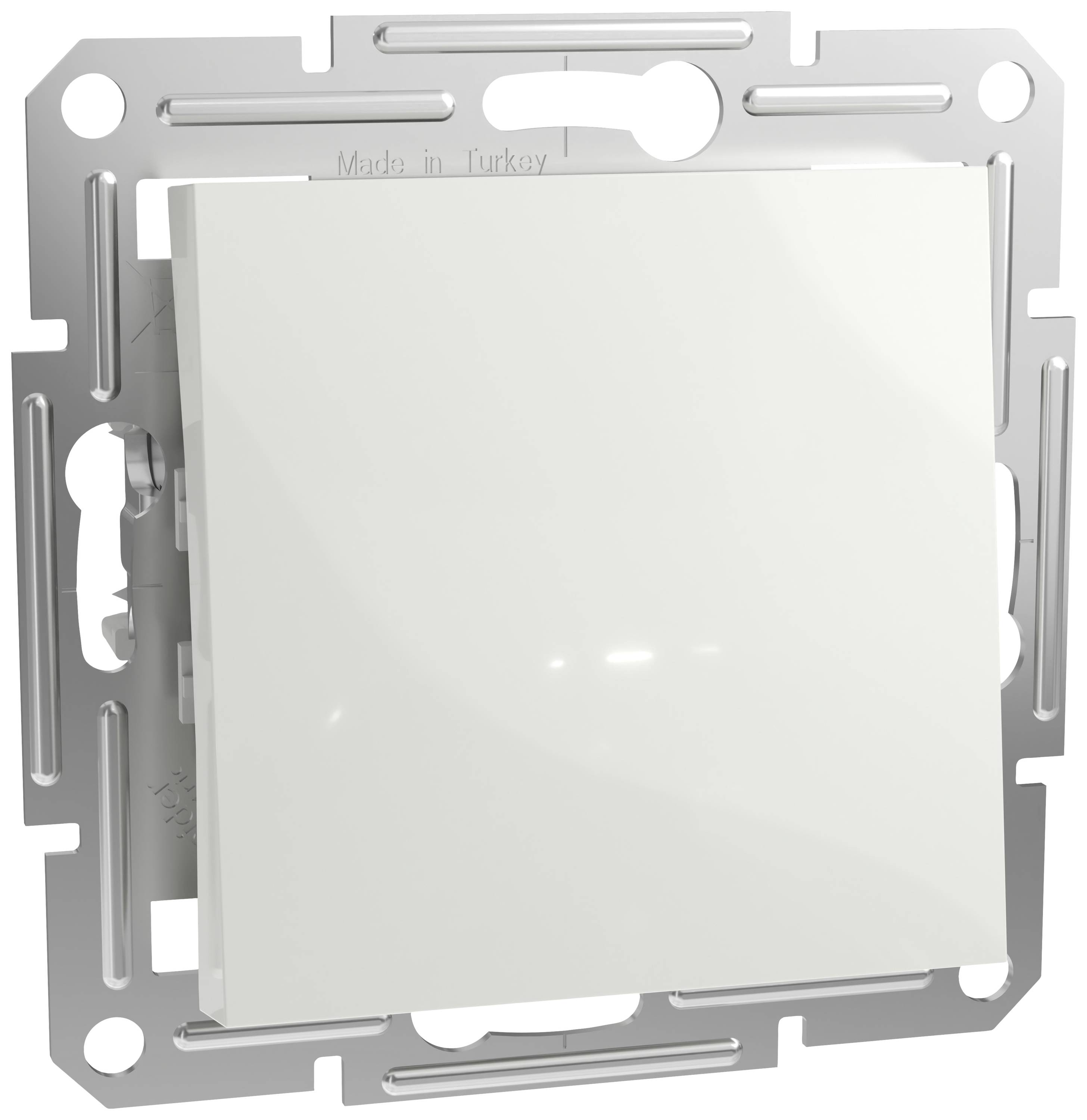 Biały włącznik światła w metalowej obudowie, bez widocznych oznaczeń.