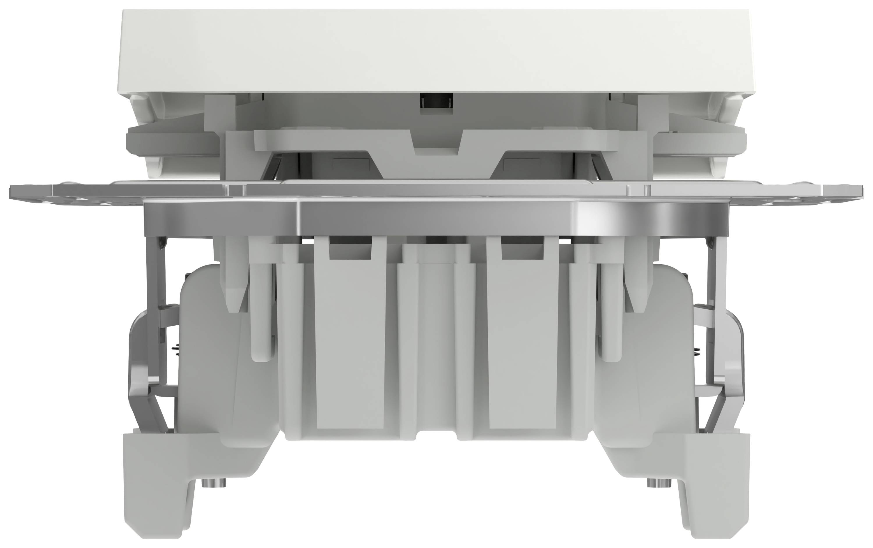 Biały, prostokątny podtynkowy moduł do włączników lub gniazd elektrycznych, sfotografowany z przodu, prezentuje szczegóły techniczne jego budowy.