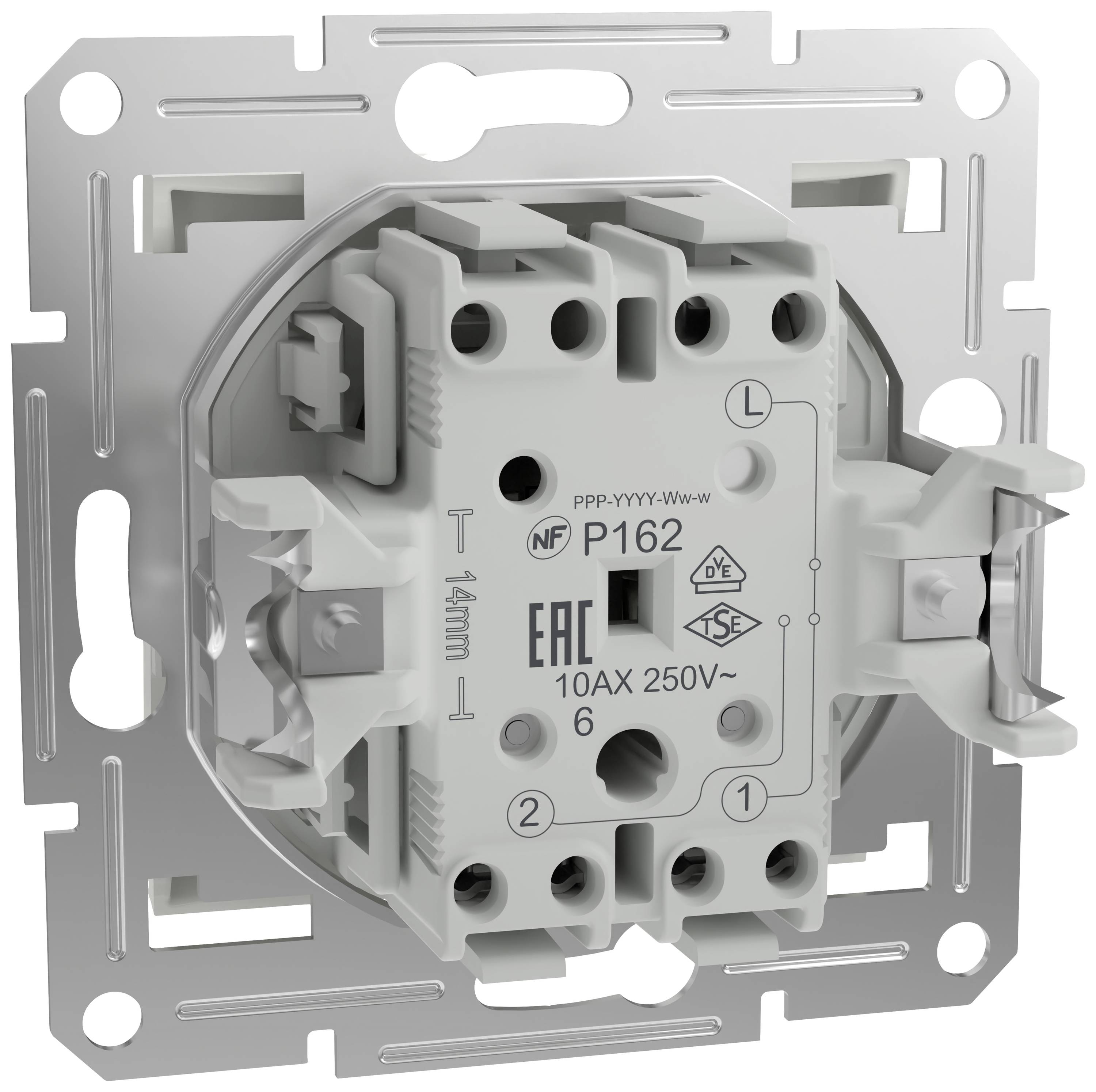 Metalowo-plastikowy wkład włącznika światła z certyfikacją EAC i NF. Napięcie: 250V, natężenie prądu: 10A.