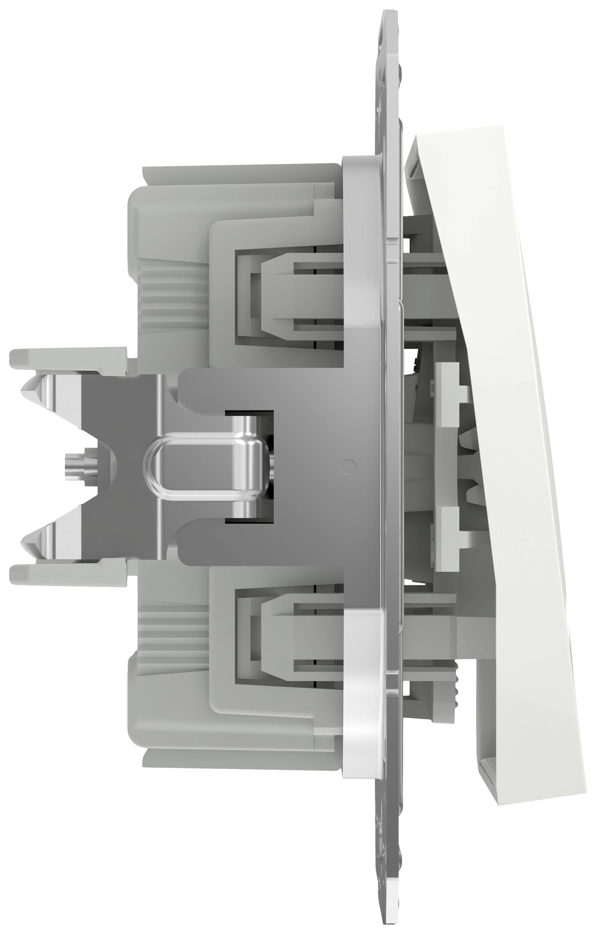 Widok z profilu włącznika światła w neutralnych odcieniach. Przełącznik jest lekko pochylony, ukazujący szczegóły mechaniczne, takie jak elementy mocujące.