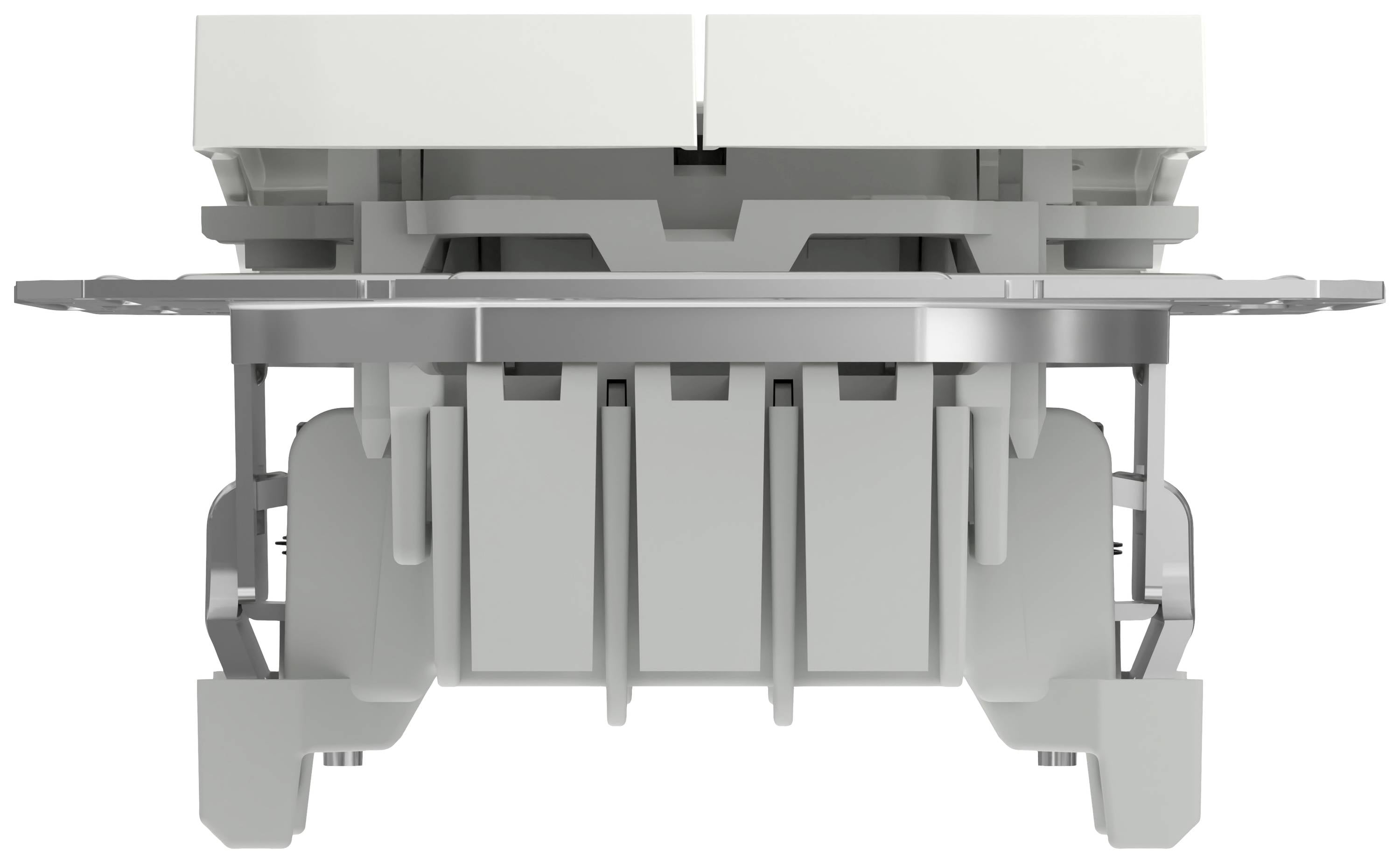 Widok z boku białego, prostokątnego włącznika o płaskiej stylistyce, osadzonego w srebrnej ramce.