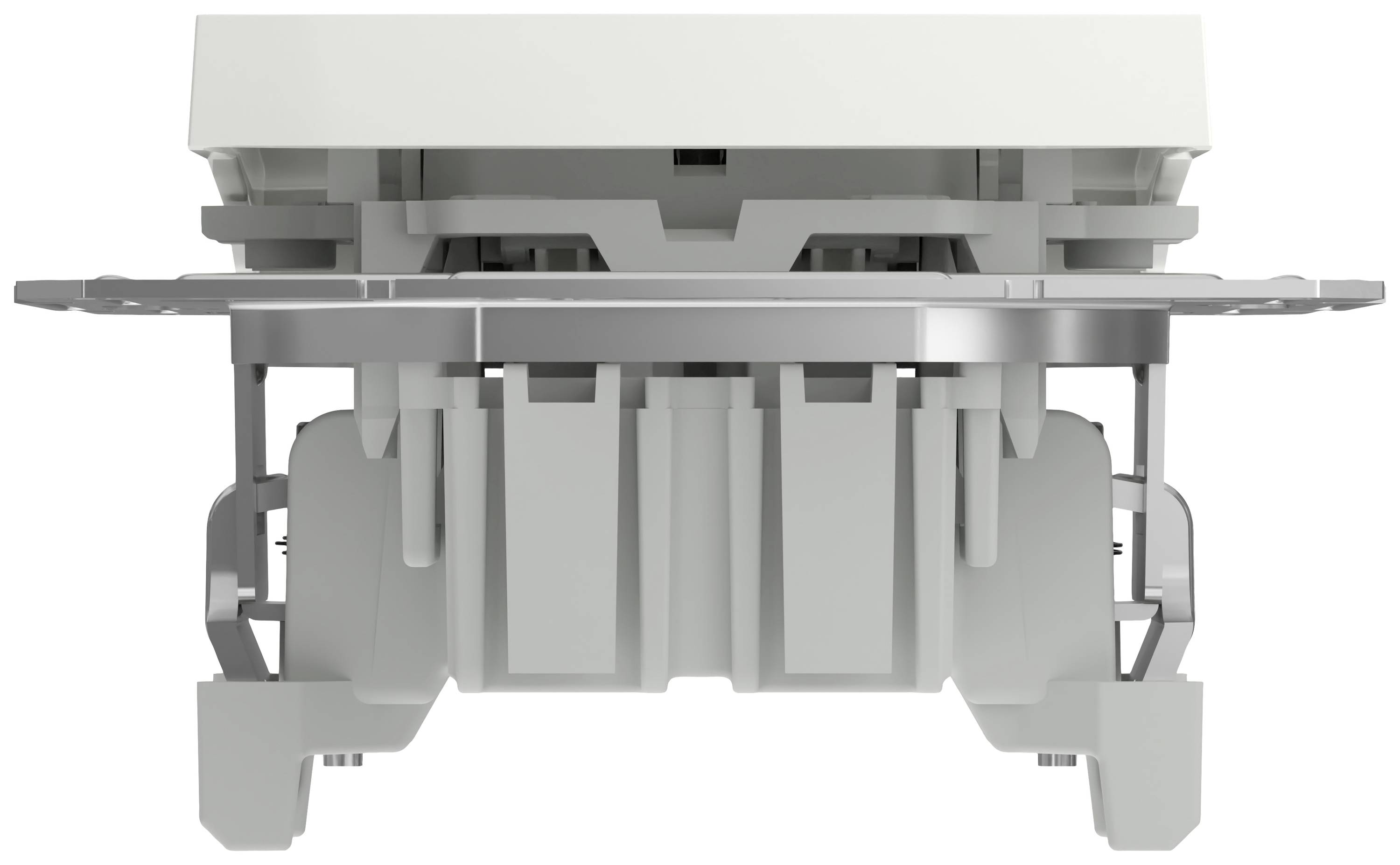 Widok czołowy elektrycznego przełącznika z widocznymi elementami stykowymi i mechanizmami mocującymi. Ilustracja prezentująca rozwiązania funkcjonalne.