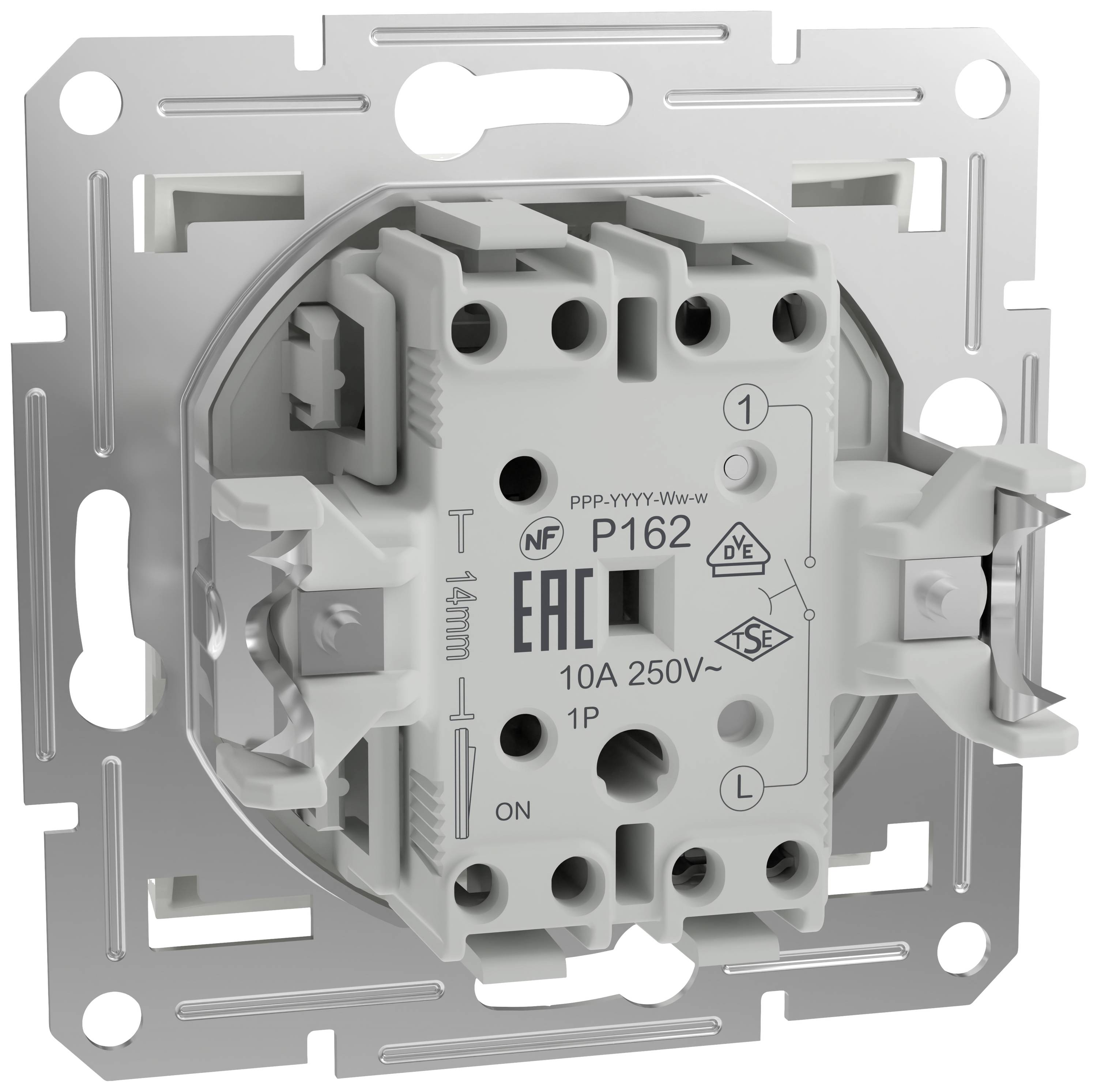 Mechanizm włącznika światła, kształt kwadratowy, kolor srebrny, z napisami i symbolami oznaczającymi specyfikacje techniczne i podłączenia.