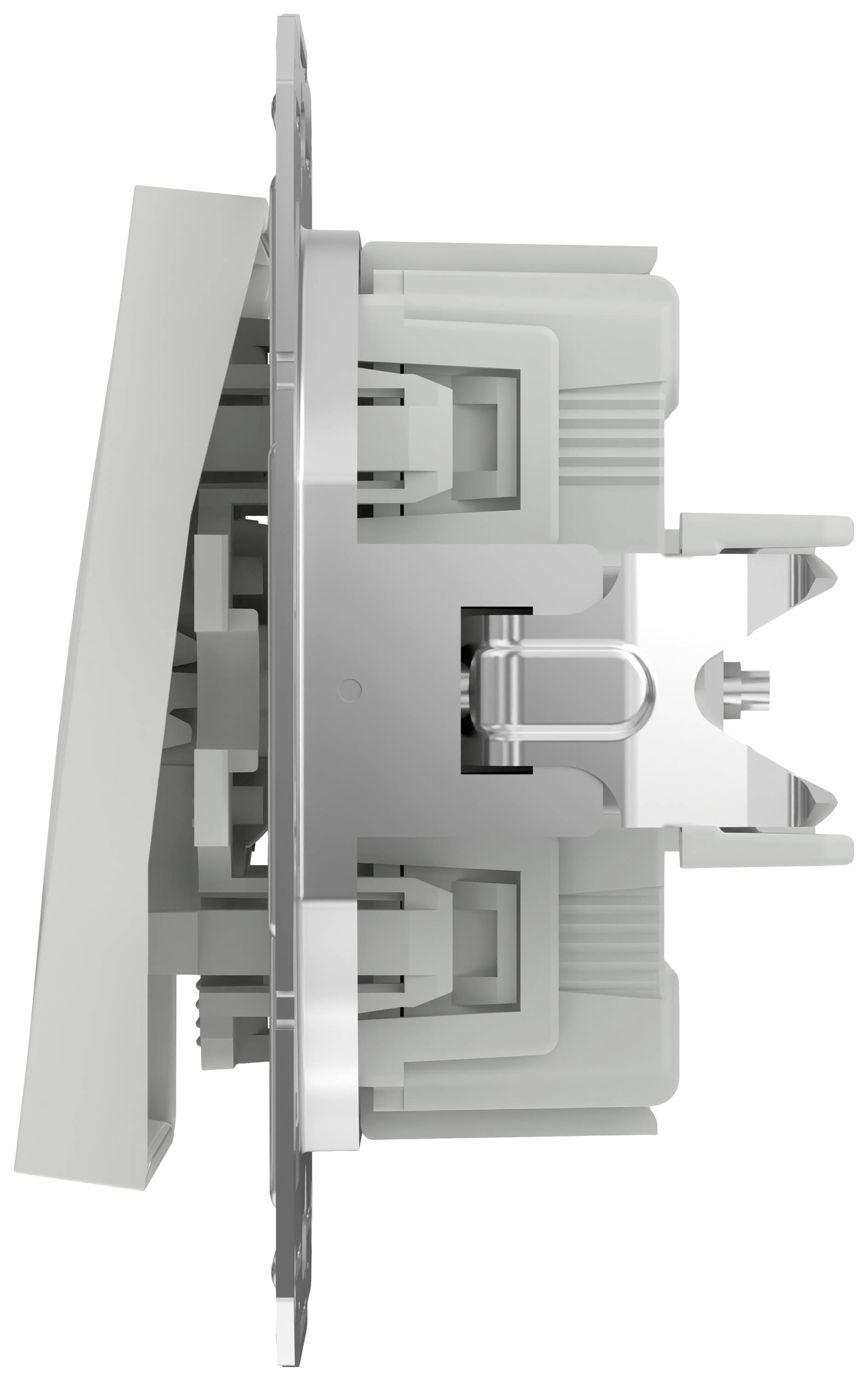 Widok z boku włącznika światła z wygiętą płytką czołową. Ukazuje wewnętrzny mechanizm i metalowe mocowania przełącznika.