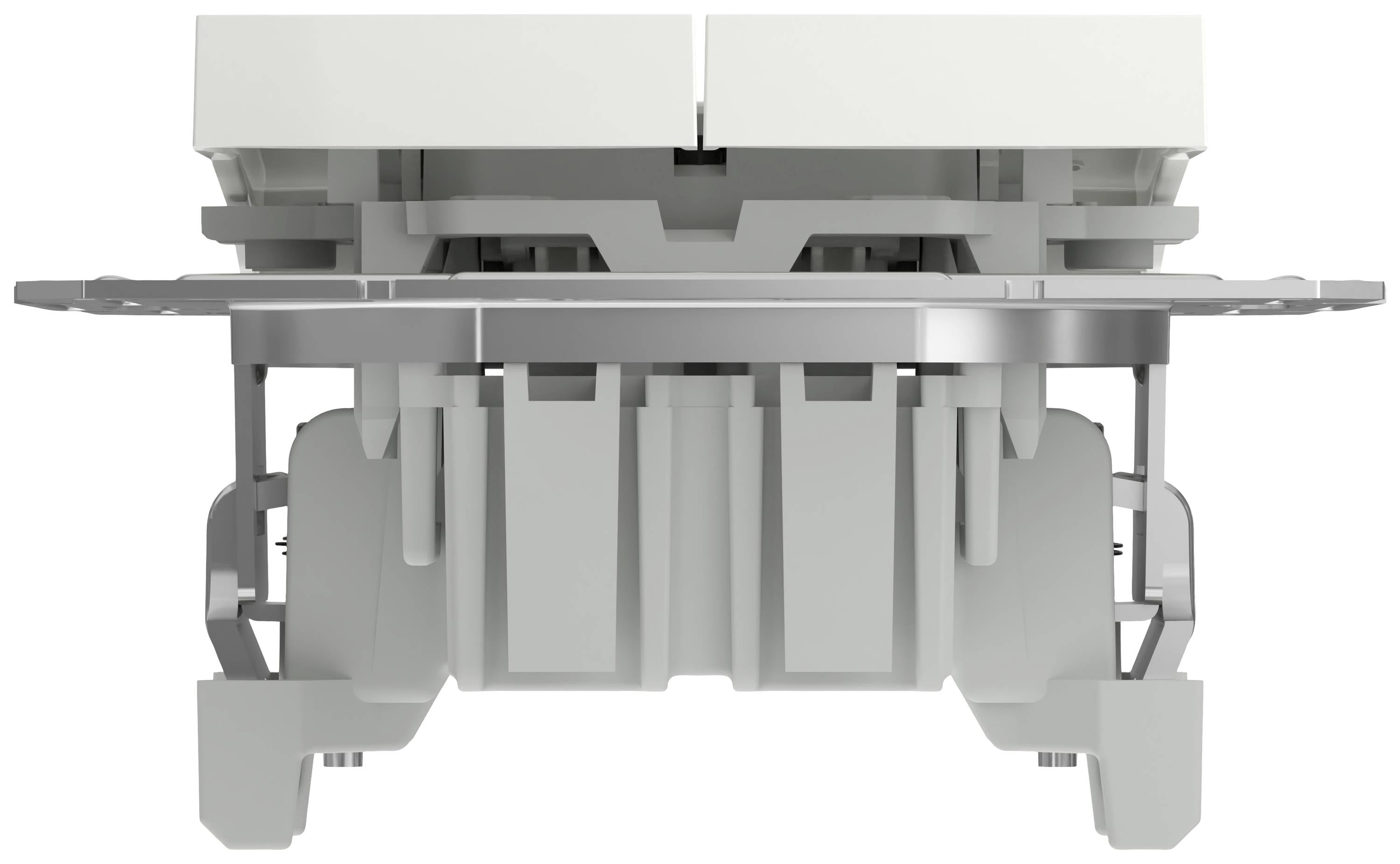 Zbliżenie mechanicznego/elektrycznego przełącznika widzianego od spodu, ukazujące wewnętrzną strukturę i metalowe styki przewodzące prąd.