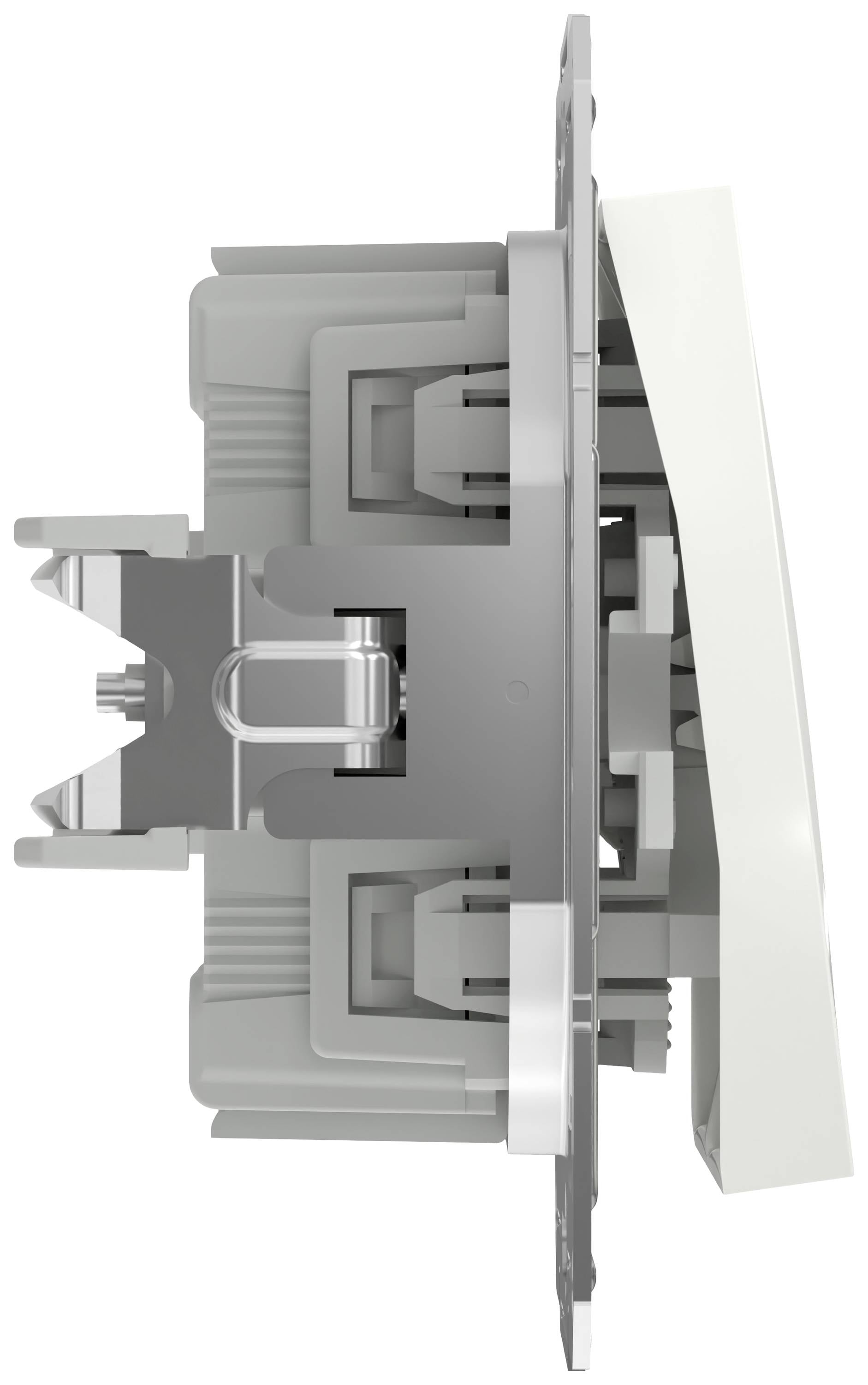 Widok z boku włącznika elektrycznego, ukazujący mechanizm wewnętrzny oraz klipy mocujące, ilustrujący sposób montażu.
