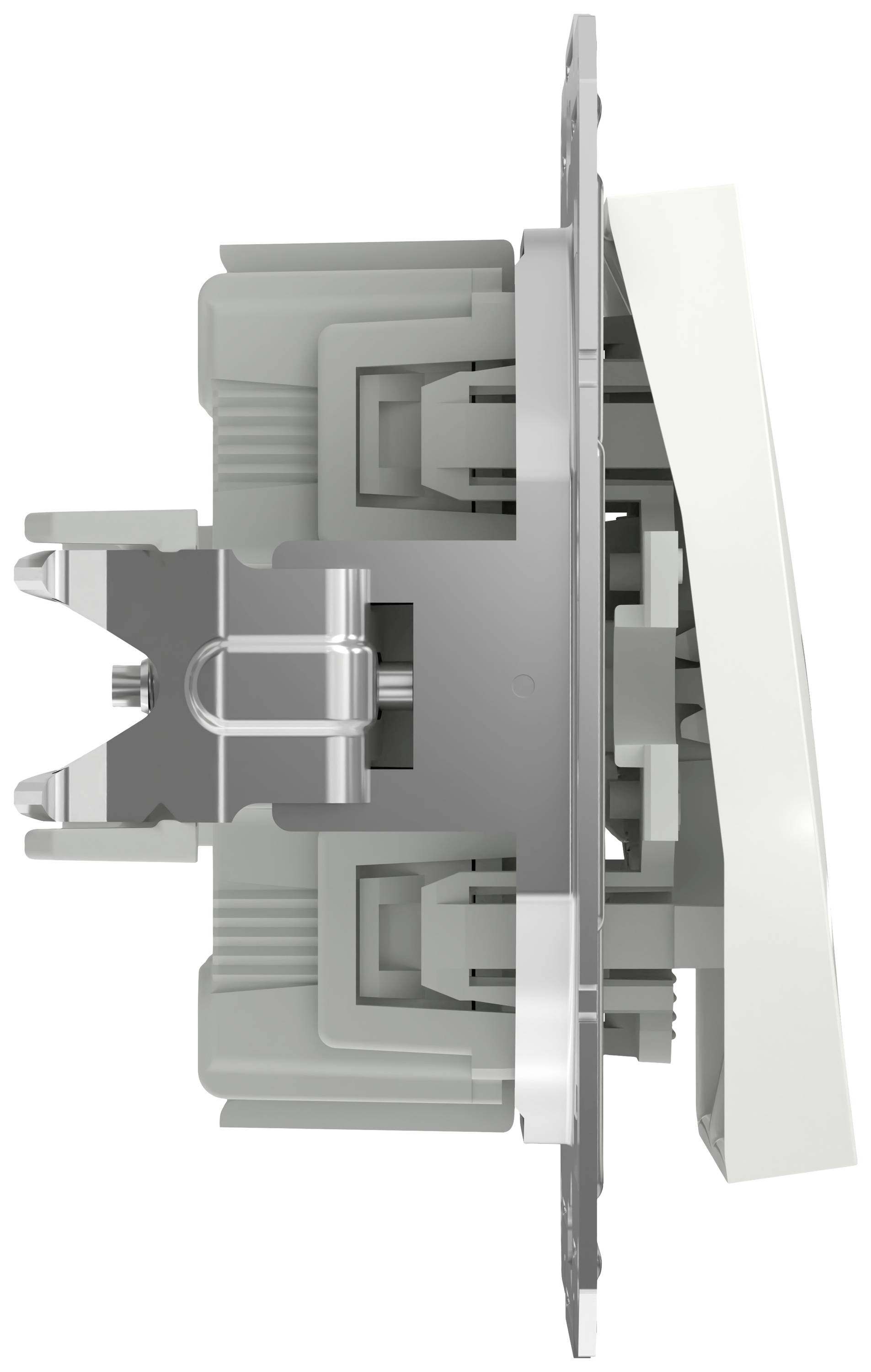 Widok boczny przełącznika z obudową z tworzywa sztucznego i elementami metalowymi, zamontowanego w uchwycie elektrycznym.