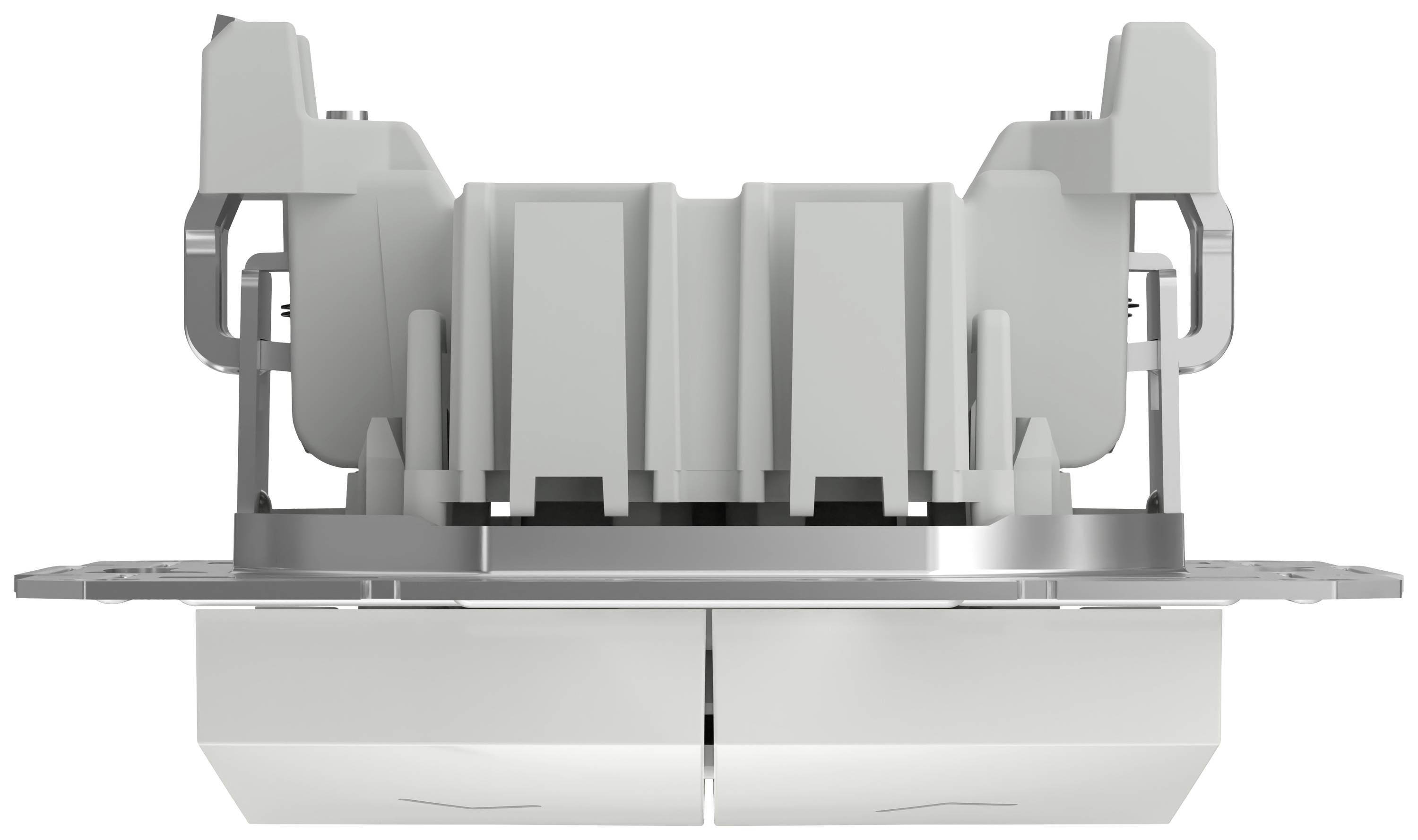 Widok z przodu urządzenia elektrotechnicznego składającego się z prostokątnej, szarej obudowy z tworzywa sztucznego z dwoma gniazdami.