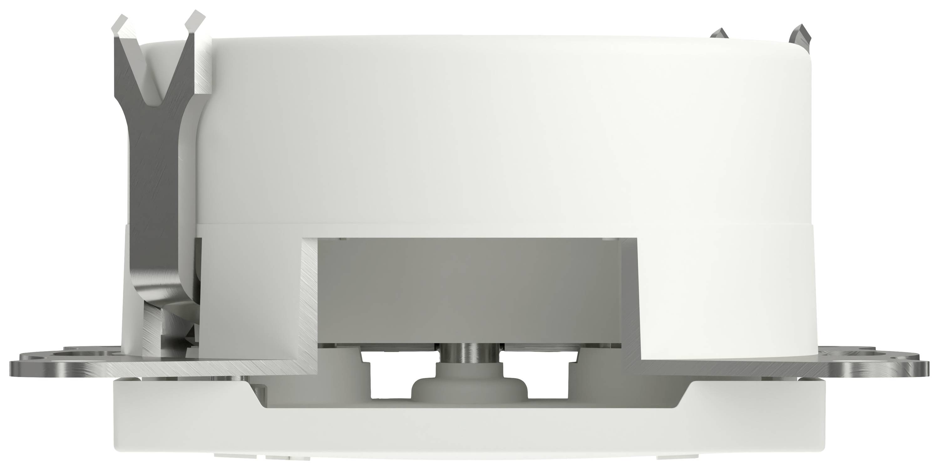 Biały, okrągły czujnik podtynkowy z metalowymi elementami mocującymi, widok z boku. Odpowiedni do montażu sufitowego.