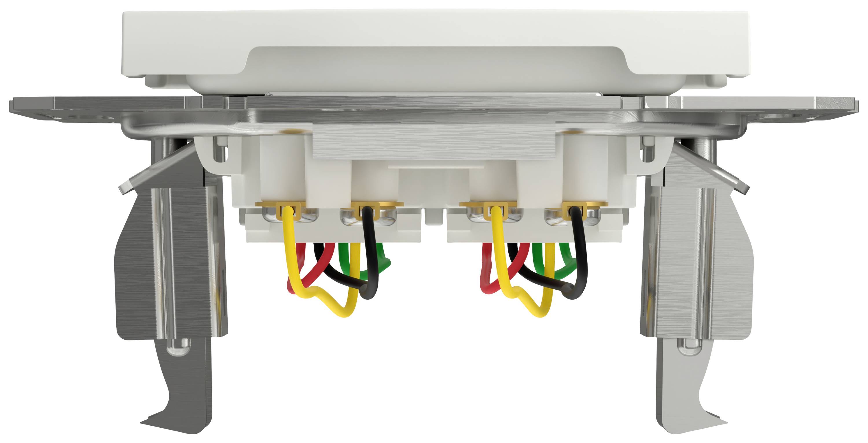 Obraz przedstawia tylną stronę włącznika światła z wieloma kolorowymi przewodami (czarnym, żółtym, czerwonym, zielonym) oraz metalowymi zaciskami mocującymi.