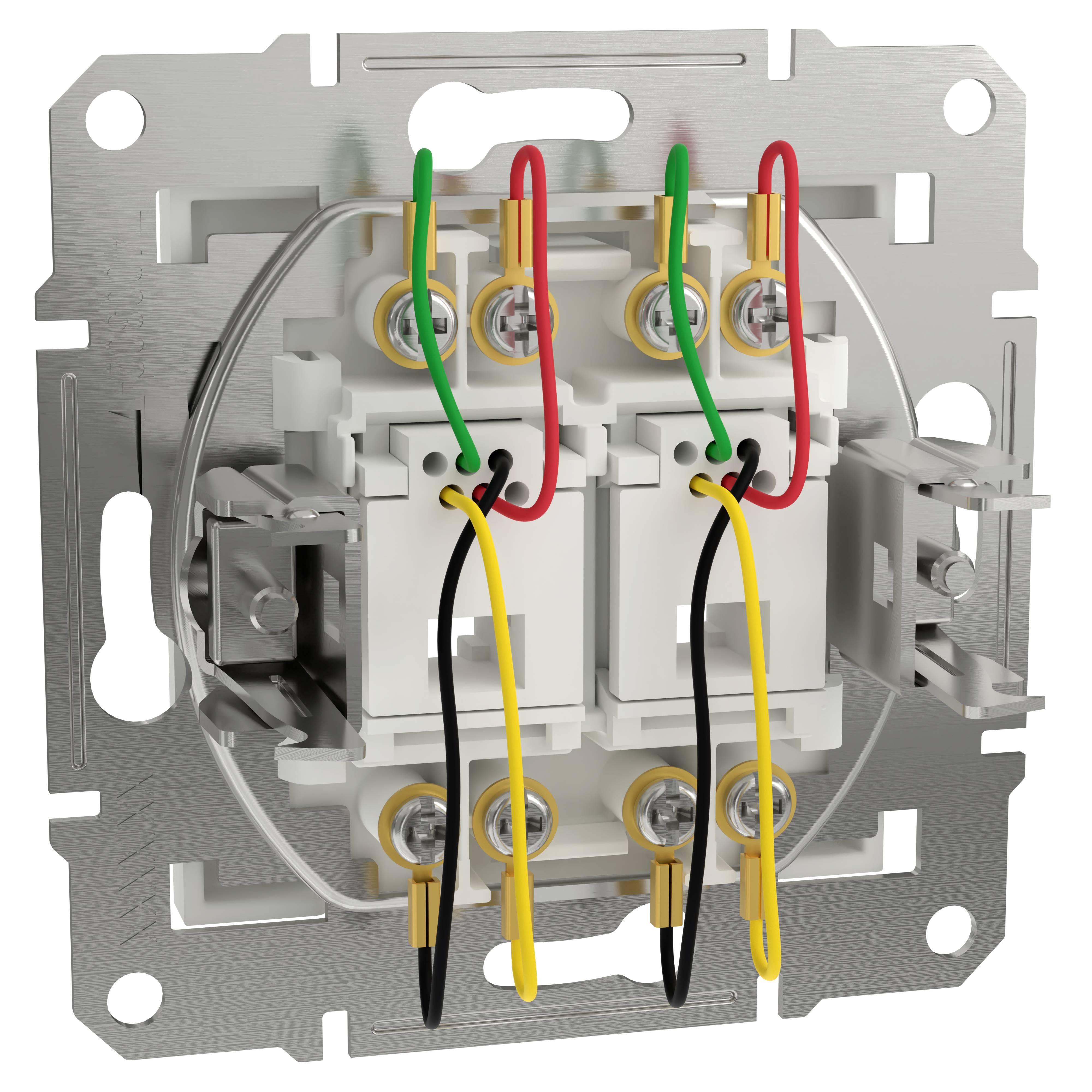 Widok z tyłu włącznika elektrycznego z kolorowymi przewodami, zamocowany na płytce metalowej.