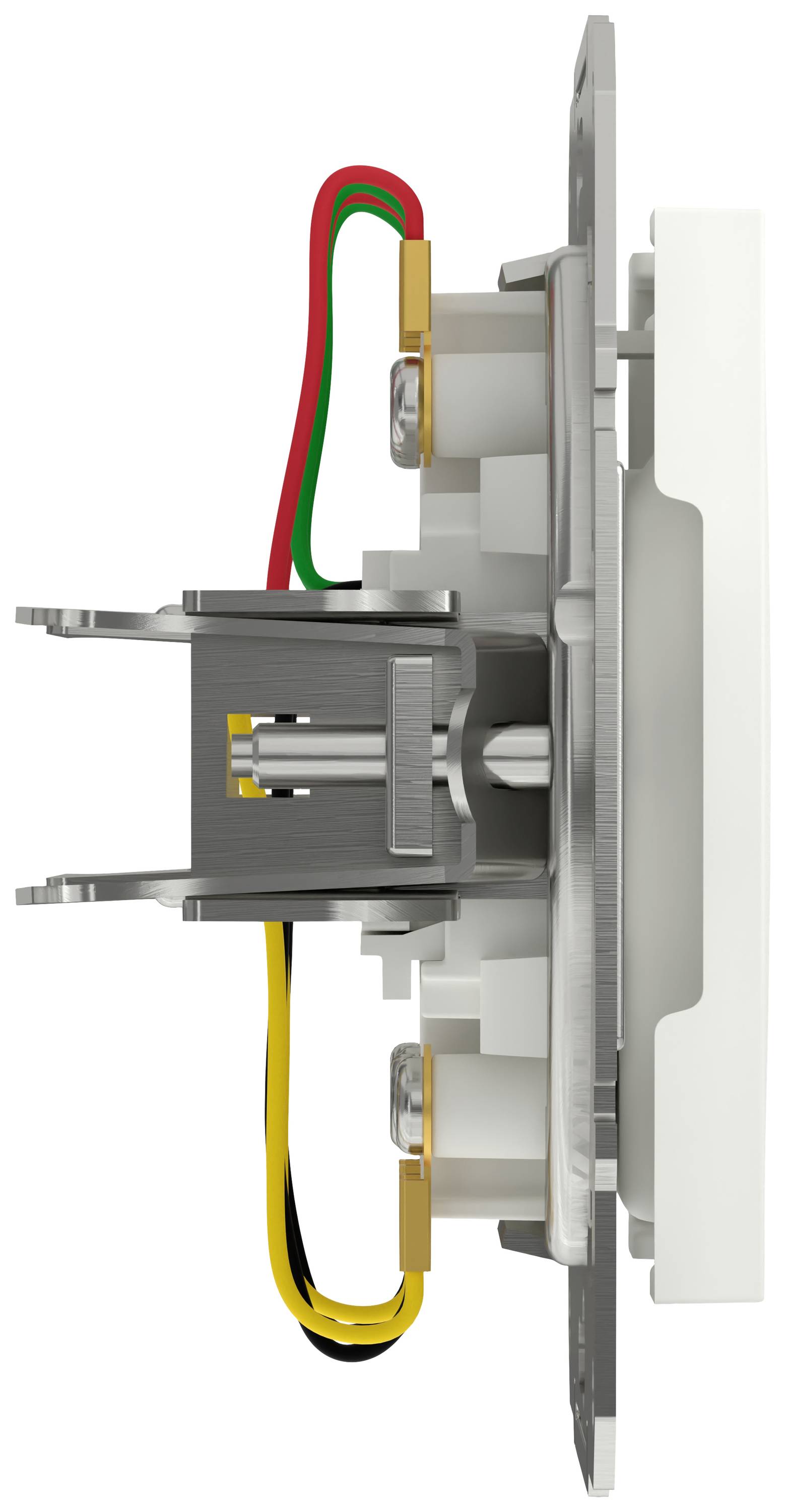 Widok z boku włącznika elektrycznego z kolorowymi przewodami do podłączenia. Przewody są czerwone, zielone, żółte i czarne.