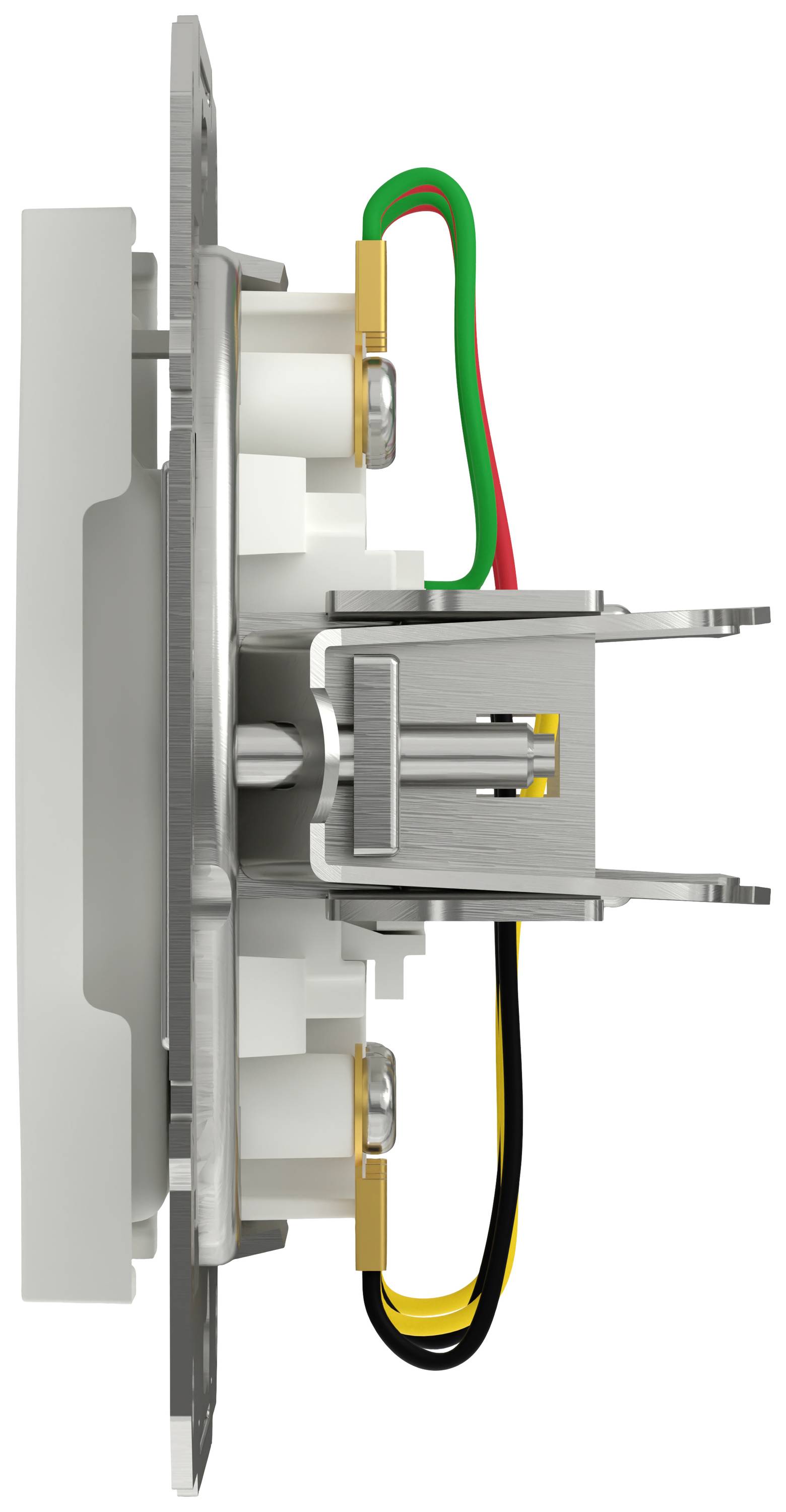 Boczny widok na elektryczny włącznik ścienny z kolorowymi przewodami (zielony, czerwony, czarny, żółty). Urządzenie techniczne.