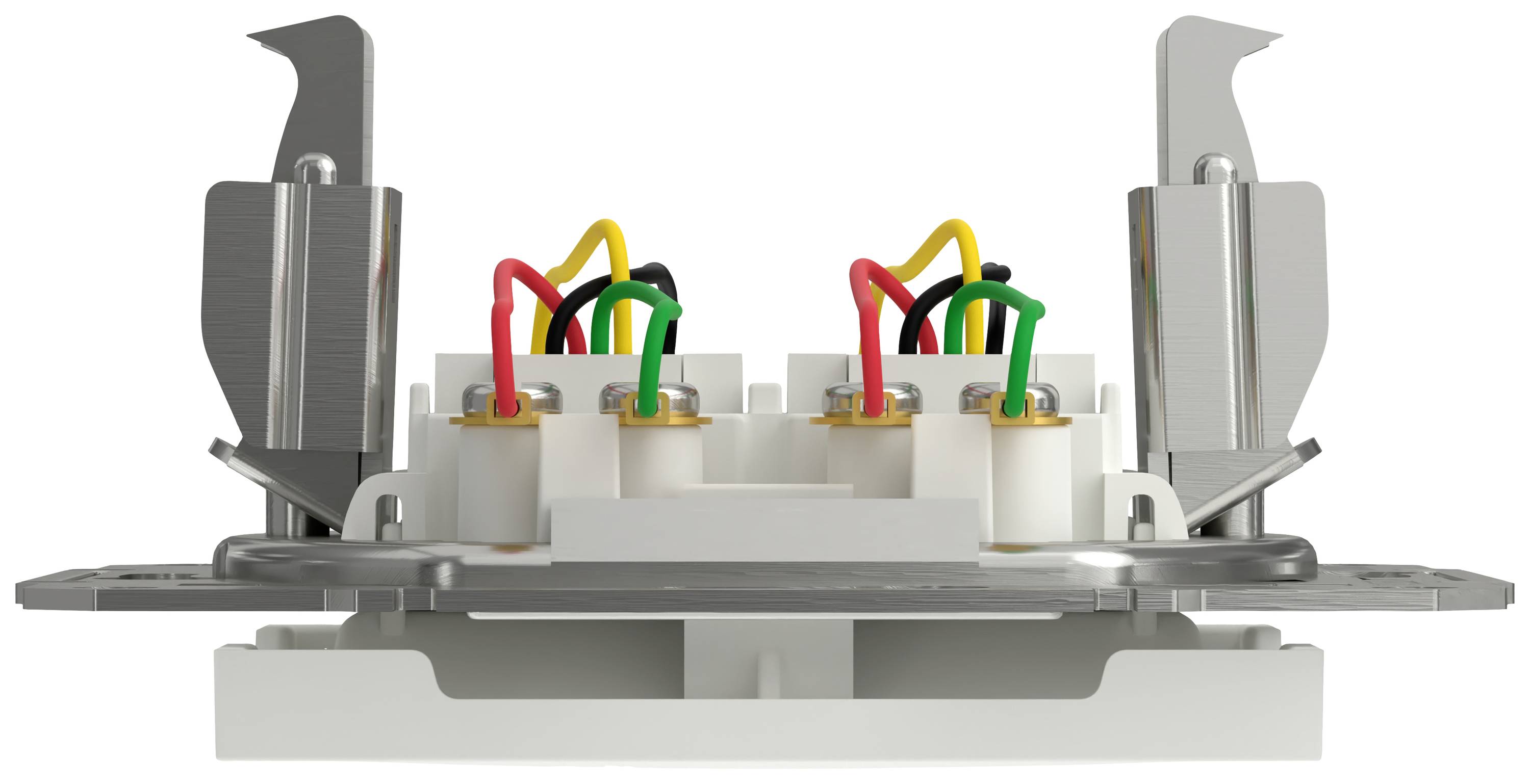 Elektryczny przełącznik z wielokolorowymi przewodami, zamontowany w metalowej płytce, ukazuje wewnętrzne przyłącza i okablowanie.