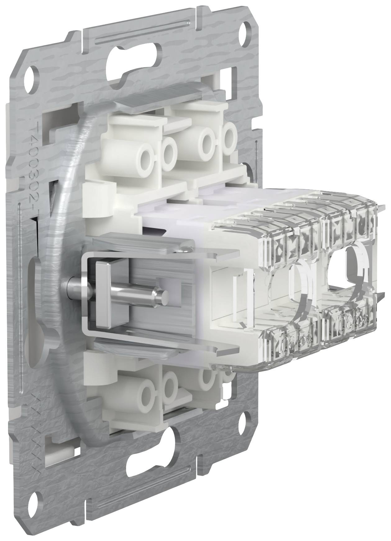 Elektryczny włącznik światła bez osłony, z widocznym mechanizmem metalowo-plastikowym, przeznaczony do montażu w ścianach.