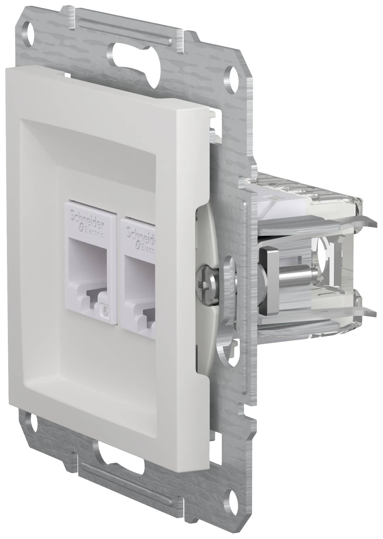 Podwójne złącze sieciowe z dwoma gniazdami RJ45 w metalowej ramce, odpowiednie do montażu naściennego w instalacjach sieciowych.