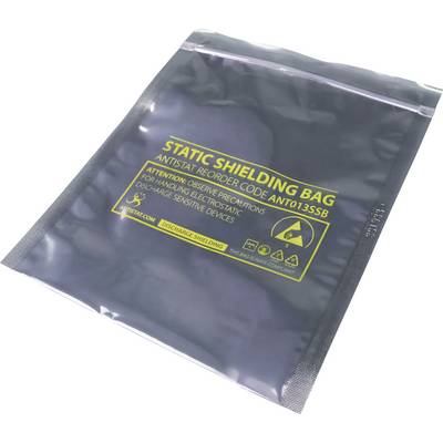 Torebka ekranująca elektromagnetycznie do ochrony komponentów elektronicznych, pokazana zapieczętowana i oznakowana napisem „STATIC SHIELDING BAG" z tekstem ostrzeżenia przed ładunkami elektrostatycznymi.