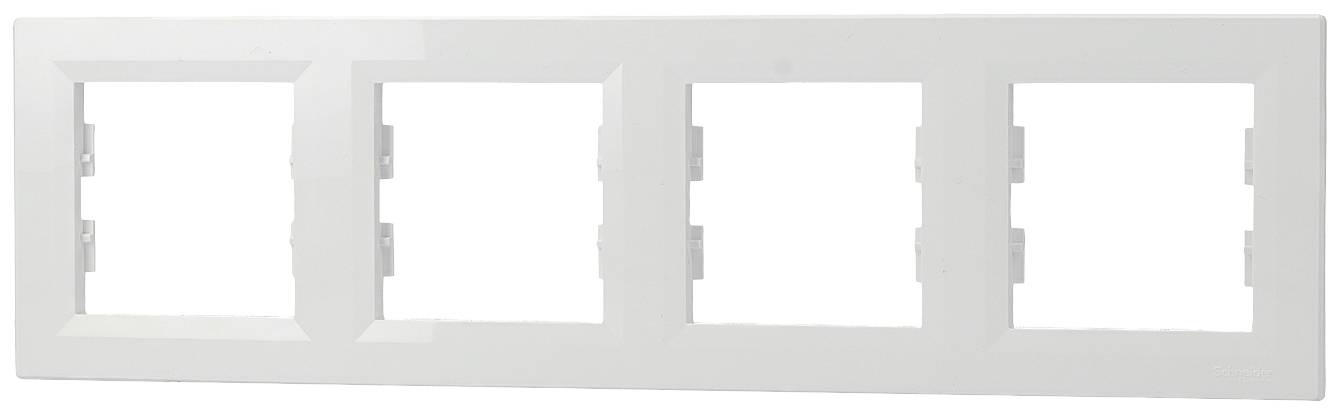 Biała, plastikowa ramka z czterema otworami na włączniki lub gniazda elektryczne, ułożonymi w kształcie kwadratu. Odpowiednia do instalacji elektrycznych.