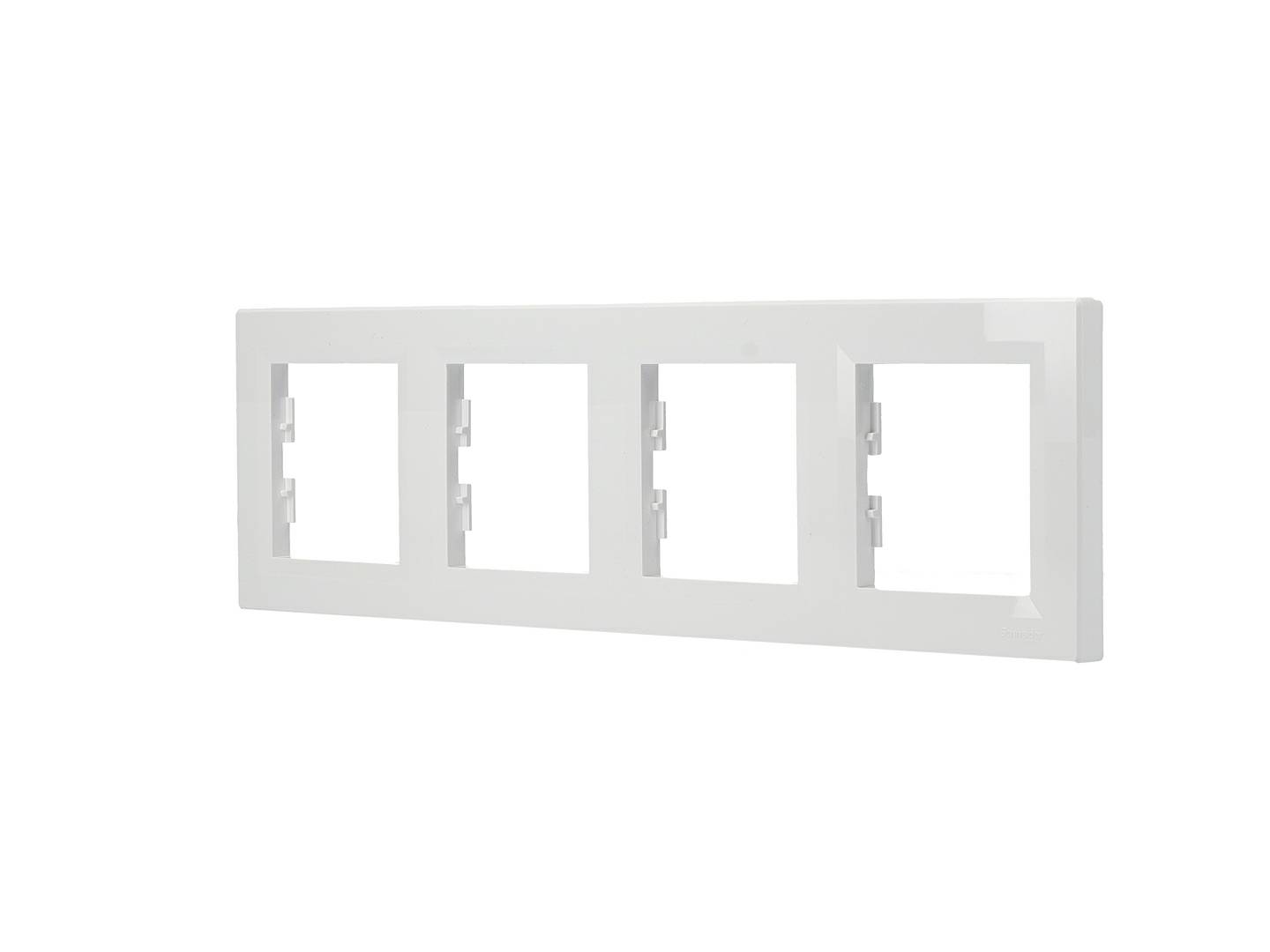Biała, prostokątna rama z czterema pustymi wycięciami, prawdopodobnie przeznaczona do zamontowania włączników światła lub gniazdek elektrycznych na ścianie.