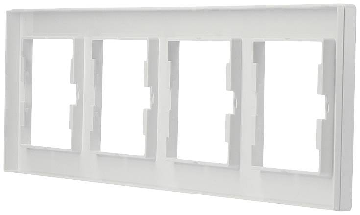 Biała, prostokątna ramka z pięcioma równomiernie rozmieszczonymi otworami na wyłączniki lub gniazda elektryczne, przeznaczona do montażu naściennego.
