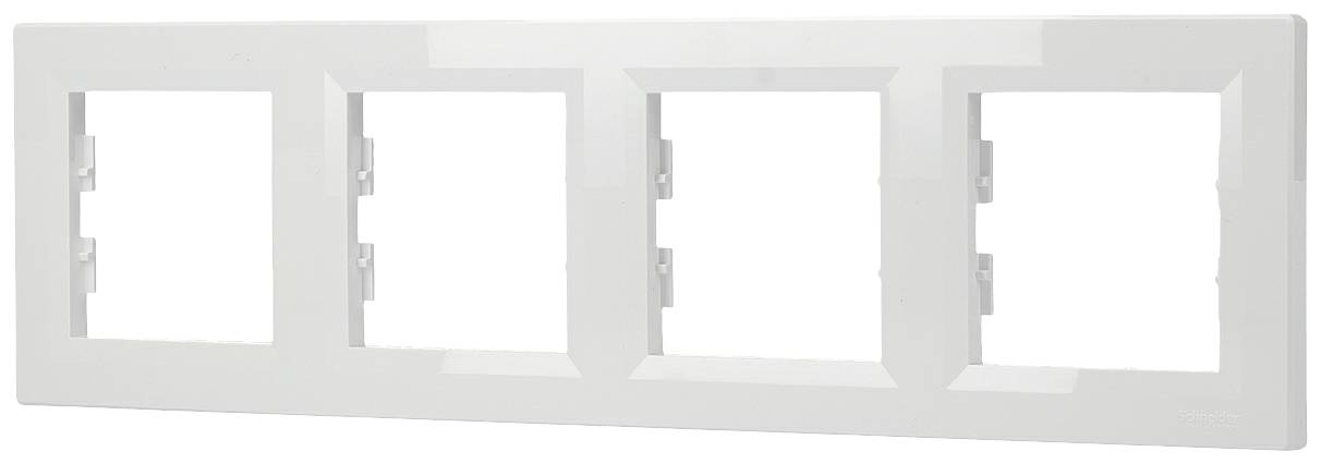 Poczwórna ramka do włączników lub gniazd, prostokątna, biała. Nadaje się do zamontowania czterech elementów elektrycznych obok siebie.