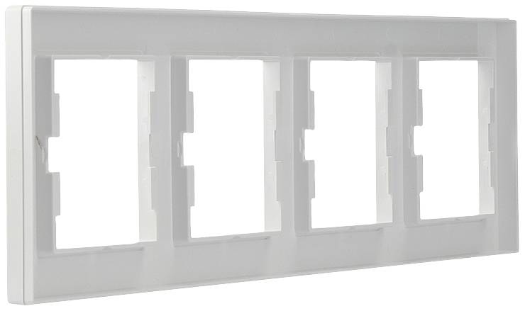 Pusty biały plastikowy ramka do czterech gniazd lub przełączników, prostokątny, nadający się do montażu naściennego.