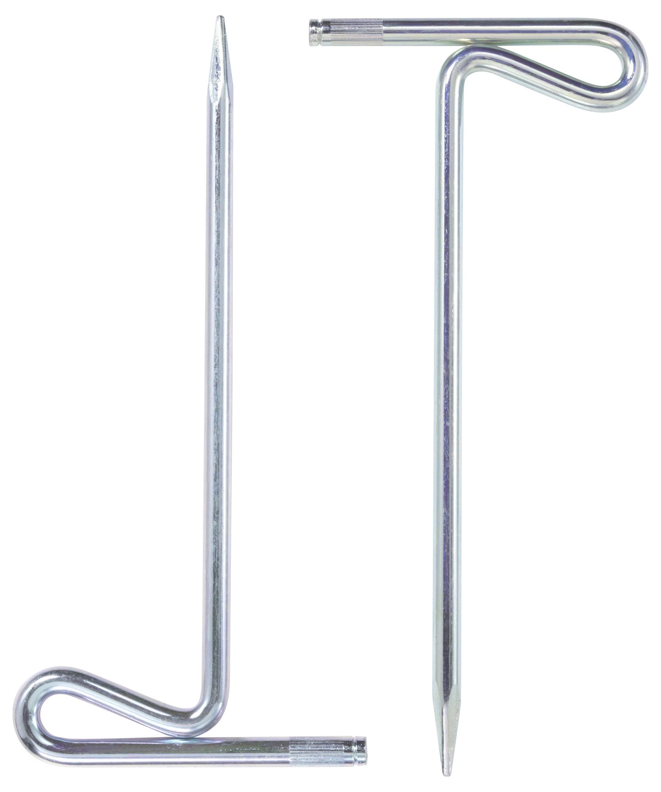 Dwa metalowe kołki namiotowe. Lewy jest nachylony pod skosnym kątem w prawo w górę, prawy skierowany jest pionowo w górę.