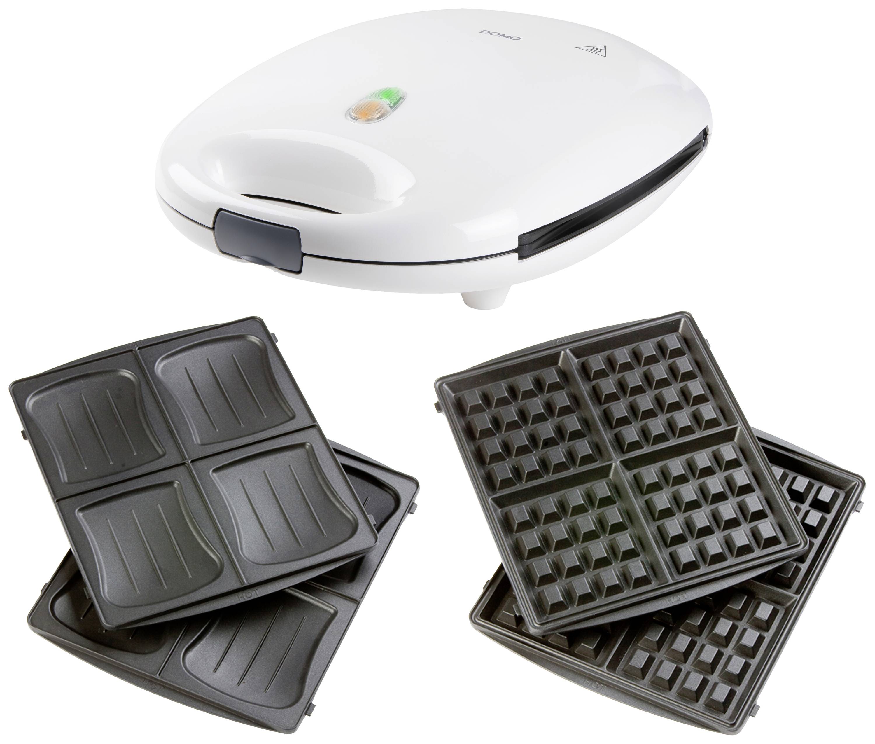 Białe żelazko do gofrów z dwoma wymiennymi płytkami: jedną do gofrów, drugą do kanapek.