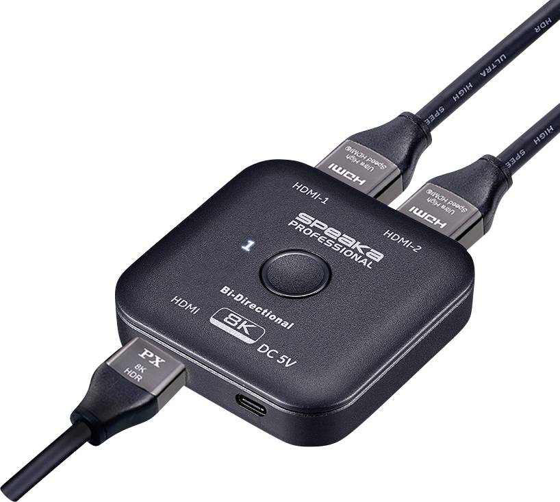 Przełącznik HDMI pokazuje dwa wejścia HDMI i jedno wyjście HDMI. Oznaczony jako '8K' i 'Dwukierunkowy'.