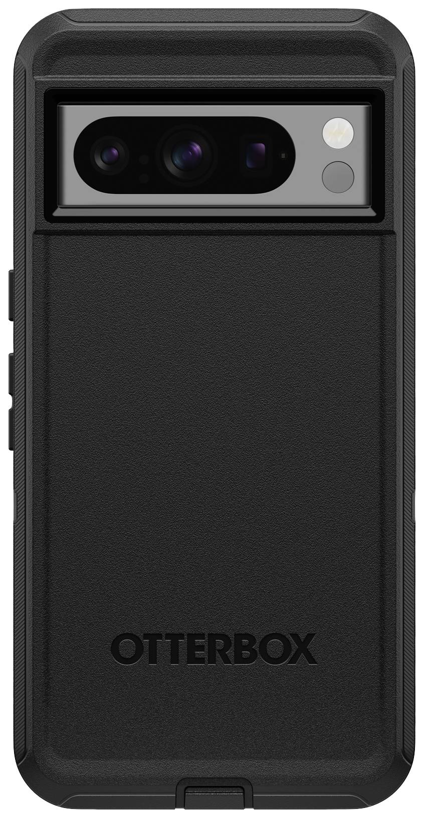 Czarny smartfon w wytrzymałym etui OtterBox, z widocznym tylnym aparatem i lampą błyskową. Prosta, odporna na wstrząsy obudowa ochronna.