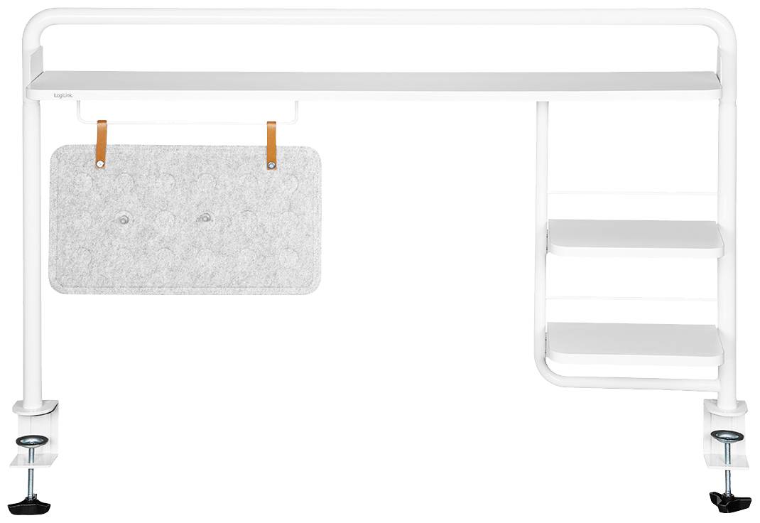 Biały, metalowy stojak na biurko z dwiema powierzchniami odkładczymi i szarą filcową kieszenią zawieszoną na pomarańczowych paskach.