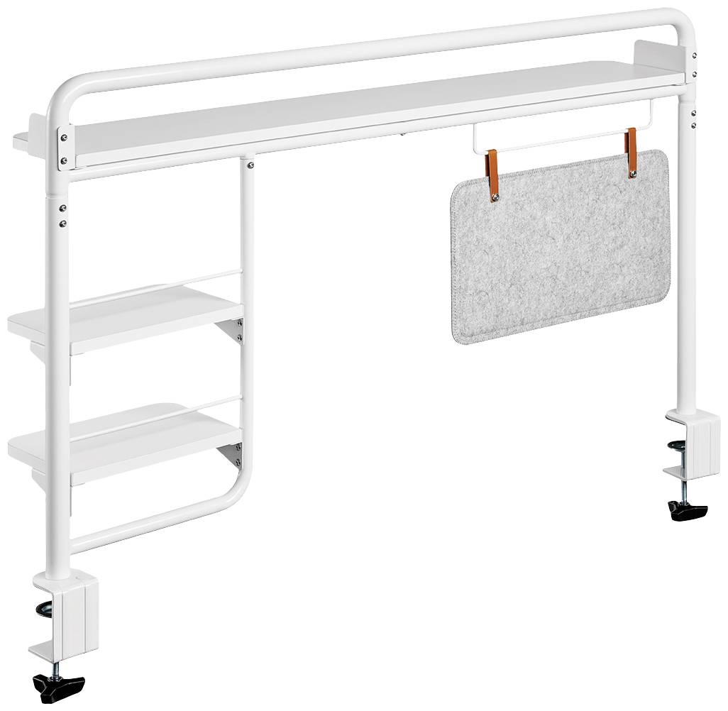 Biały stolik z dwoma półkami i szarą płytą filcową zawieszoną na pomarańczowych paskach.