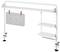 Biała półka mocowana do blatu za pomocą zacisku, wyposażona w dwie półki po prawej stronie oraz tablicę informacyjną pośrodku. Idealna do organizacji.