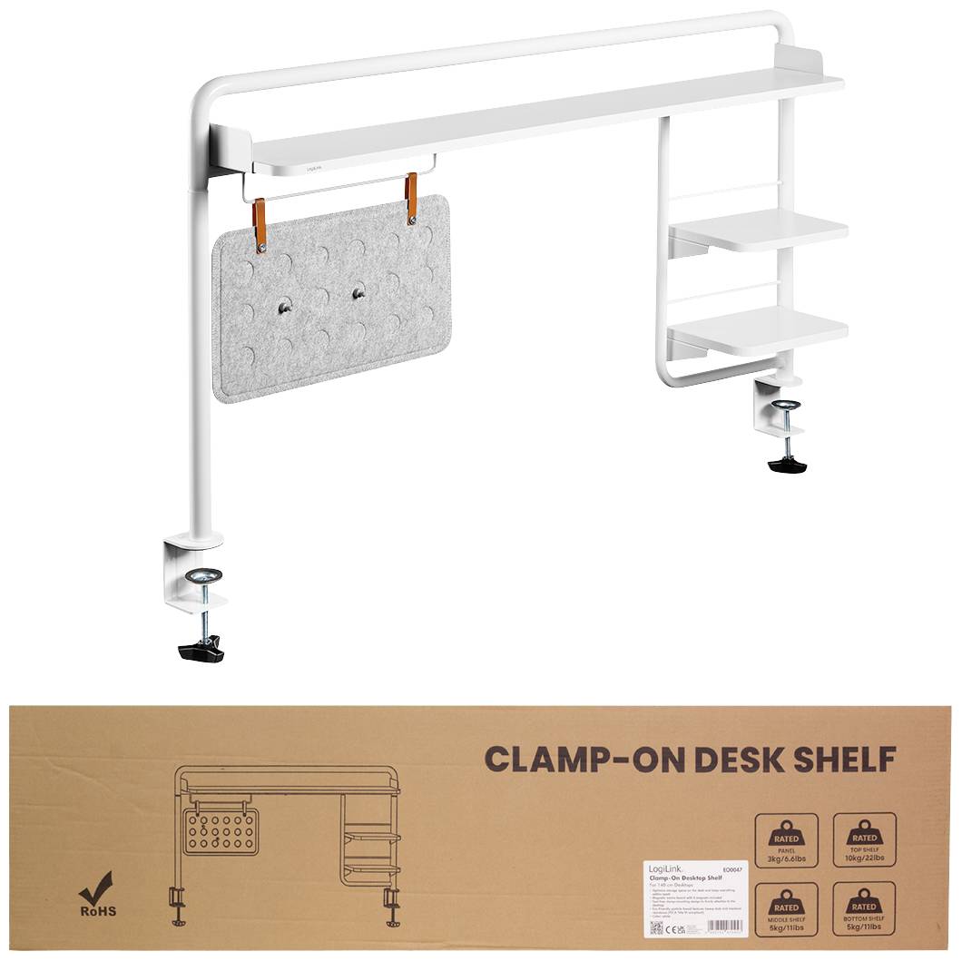 Półka z dwoma zaciskami do mocowania na stole. Zintegrowane gniazda na segregatory i haczyki. Etykieta produktu przedstawiona poniżej.