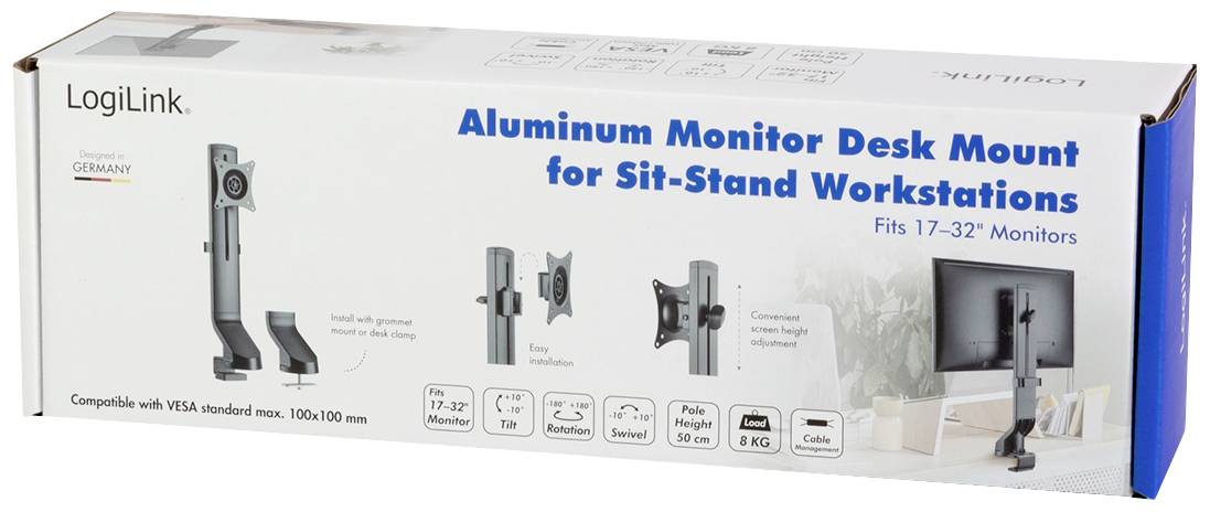 Opakowanie uchwytu biurkowego do monitorów 'Aluminum Monitor Desk Mount' firmy LogiLink przeznaczonego dla monitorów o przekątnej 17-32 cali, prezentujące zdjęcia produktu i opcje montażu.