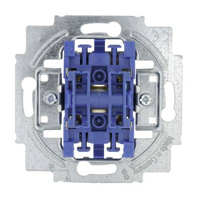 Niebieski elektryczny przełącznik zamontowany na metalowej płytce mocującej, odpowiedni do zainstalowania w ścianie.