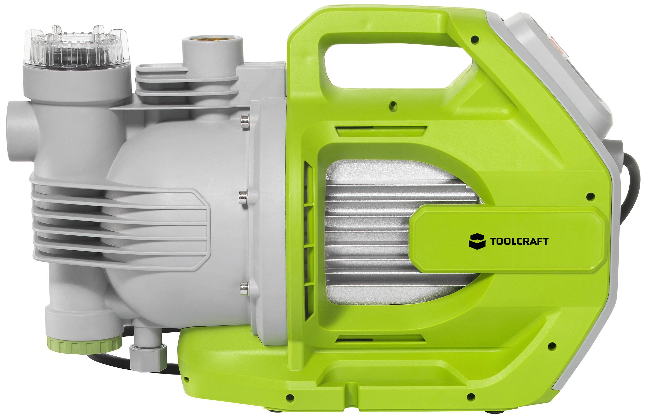 Szara i neonowozielona pompa wodna firmy TOOLCRAFT, sfotografowana z boku. Pompa charakteryzuje się kompaktową budową i ergonomicznym uchwytem.