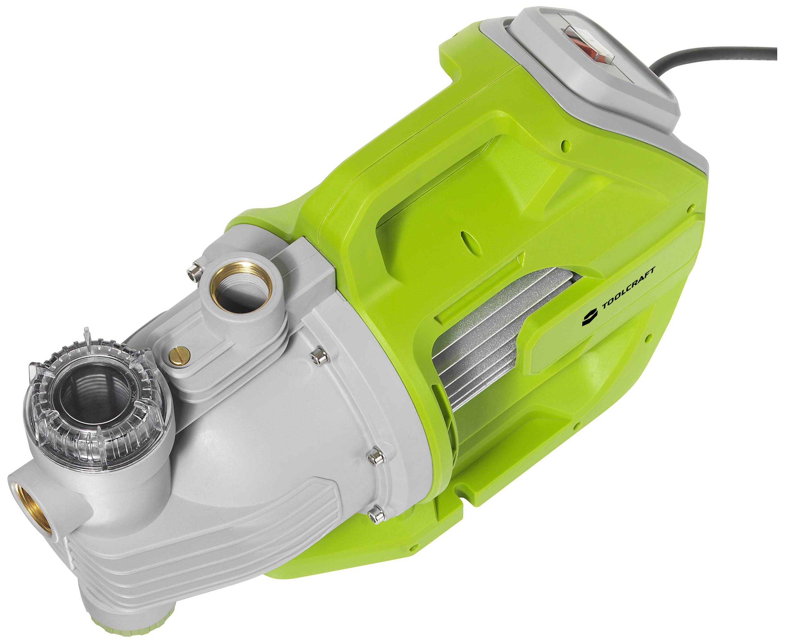 Zielony rozdrabniacz ogrodowy leży na boku. Posiada wbudowany silnik oraz różne otwory przyłączeniowe do węży.