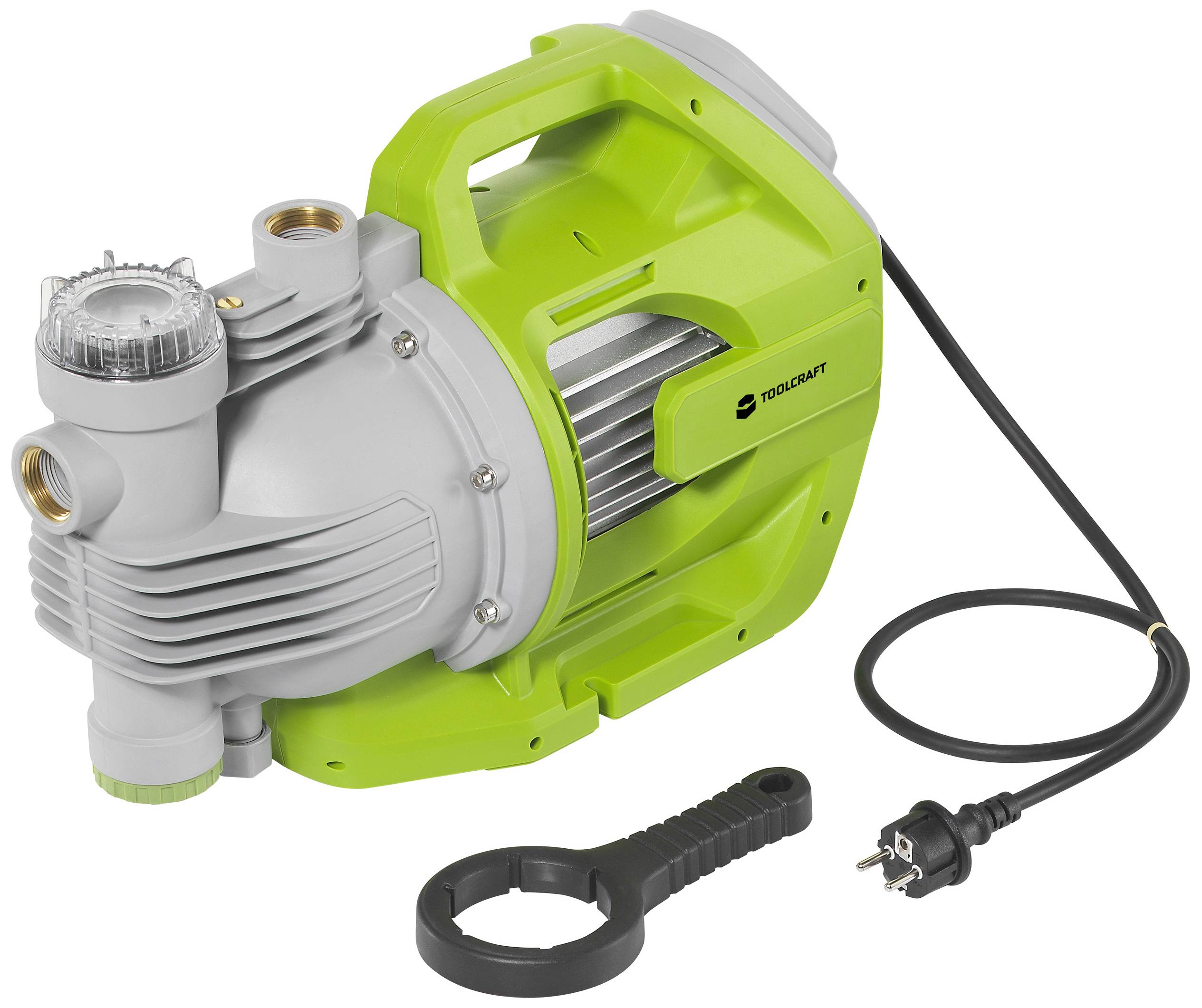 Zielona elektryczna pompa wodna z uchwytem i przewodem zasilającym, przeznaczona do zastosowań ogrodowych lub domowych. Wykonana z tworzywa sztucznego, wyposażona w adapter przyłączeniowy.